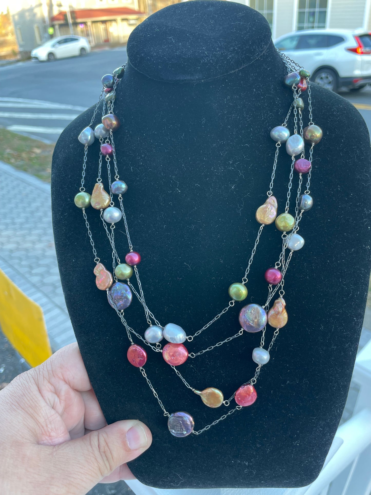 925 Sterling Silver Multi Colored Mother of Pearl Tiered Necklace