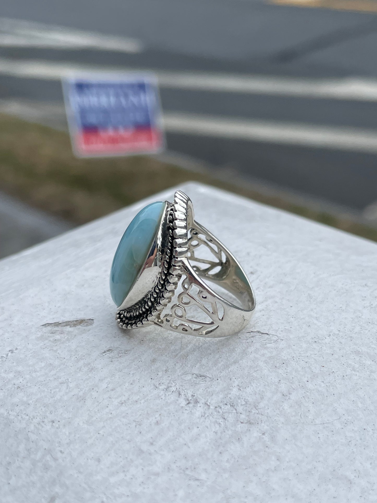 Designer CFJ Collins Fine Jewelry Curved Oval Natural Larimar 925 Sterling Silver Ring Size 7