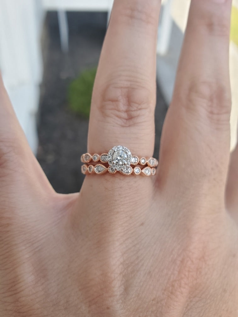 10k Rose Gold Diamond Engagement Ring & Matching Band Ring Set