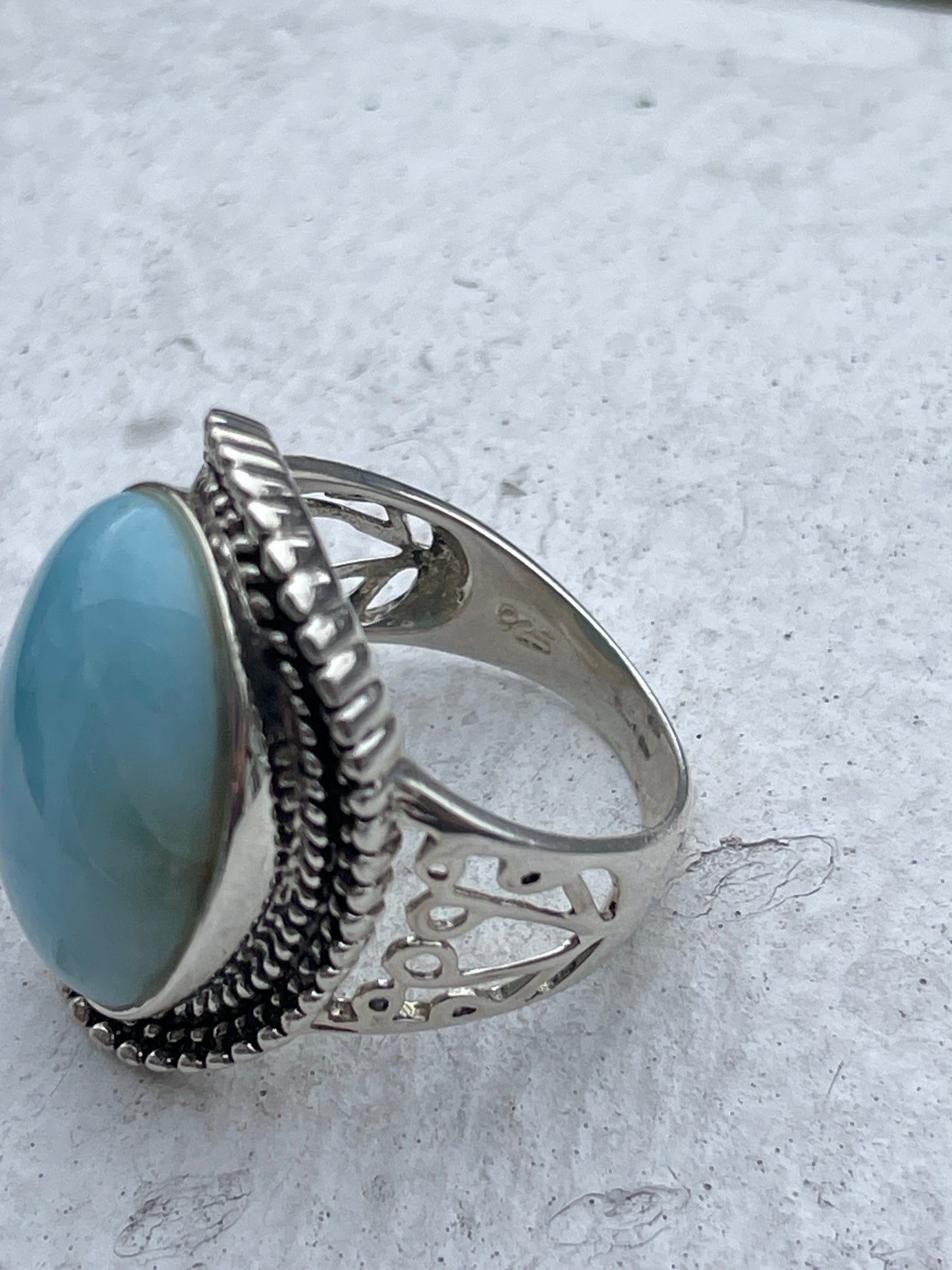 Designer CFJ Collins Fine Jewelry Curved Oval Natural Larimar 925 Sterling Silver Ring Size 7