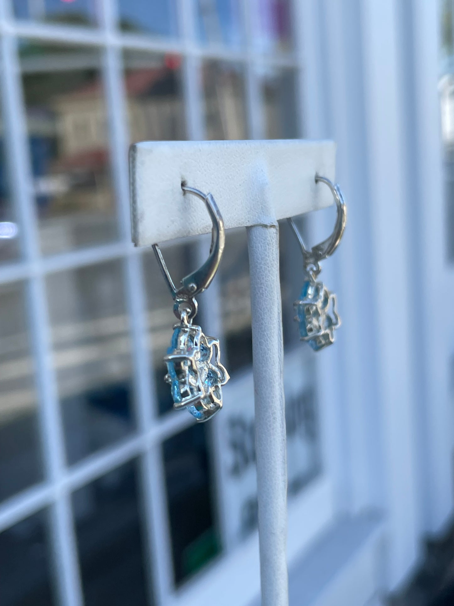 925 Sterling Silver Blue Topaz Dangle Flower Earrings