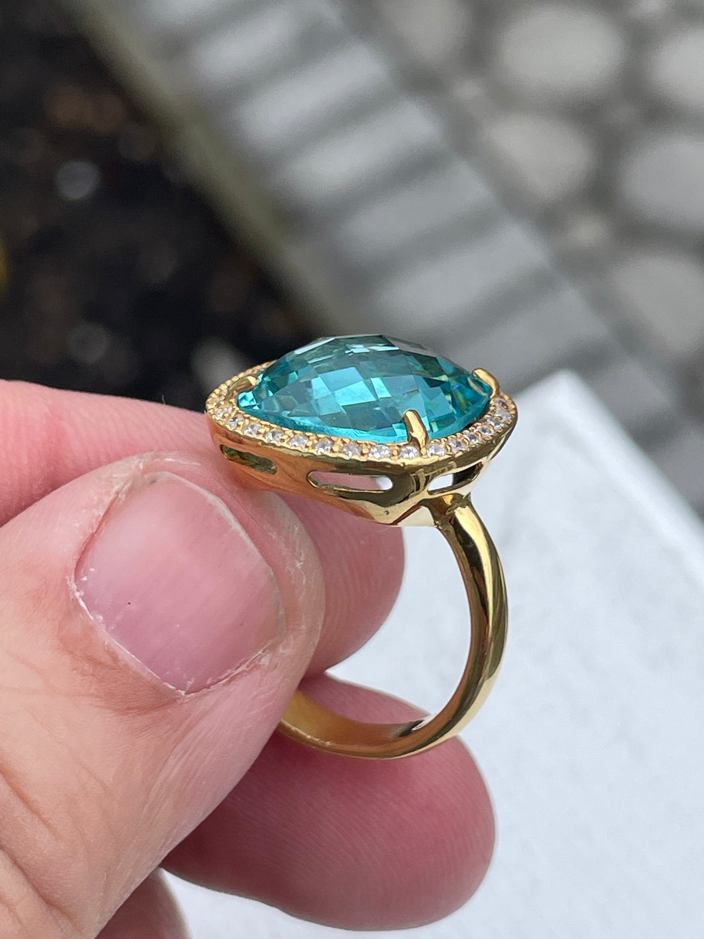 925 Sterling Silver Vermeil Caribbean Blue Topaz 14x14mm Albion Ring Size 8