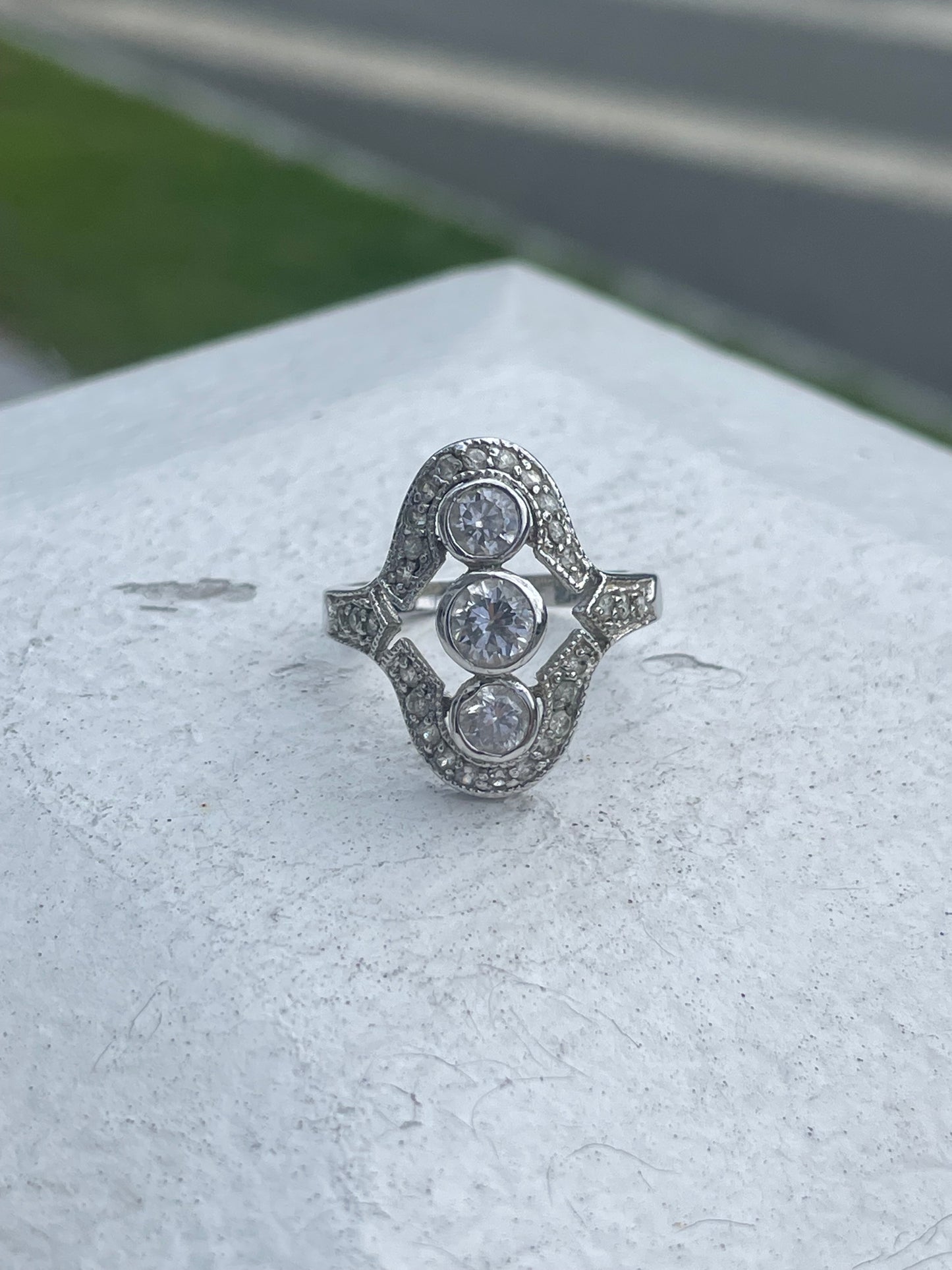 925 Sterling Silver Modern Art Deco Cz Past Present Future Ring Size 7.25