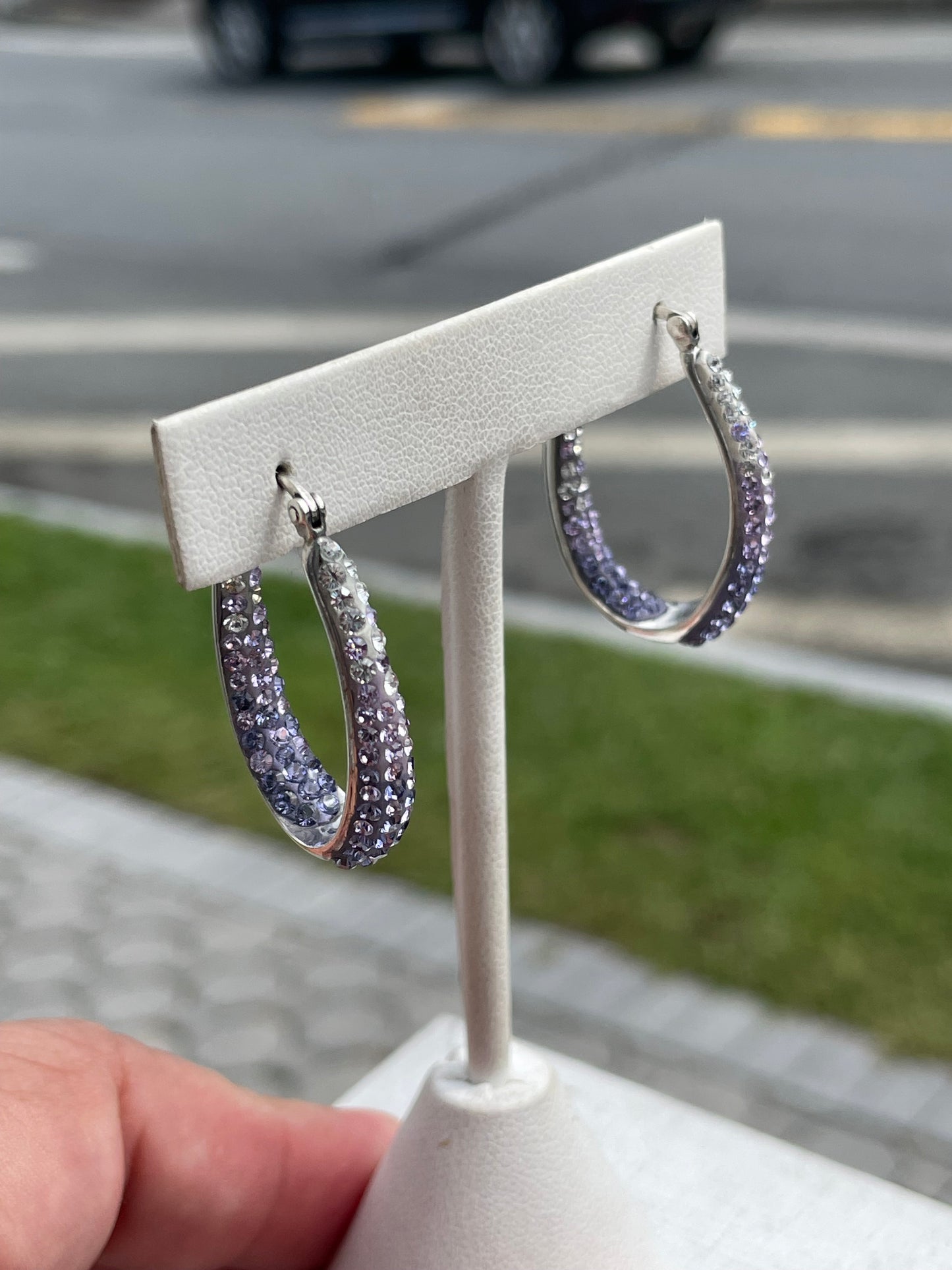925 Sterling Silver Lavender to Clear Ombré Crystal Oblong Hoop Earrings