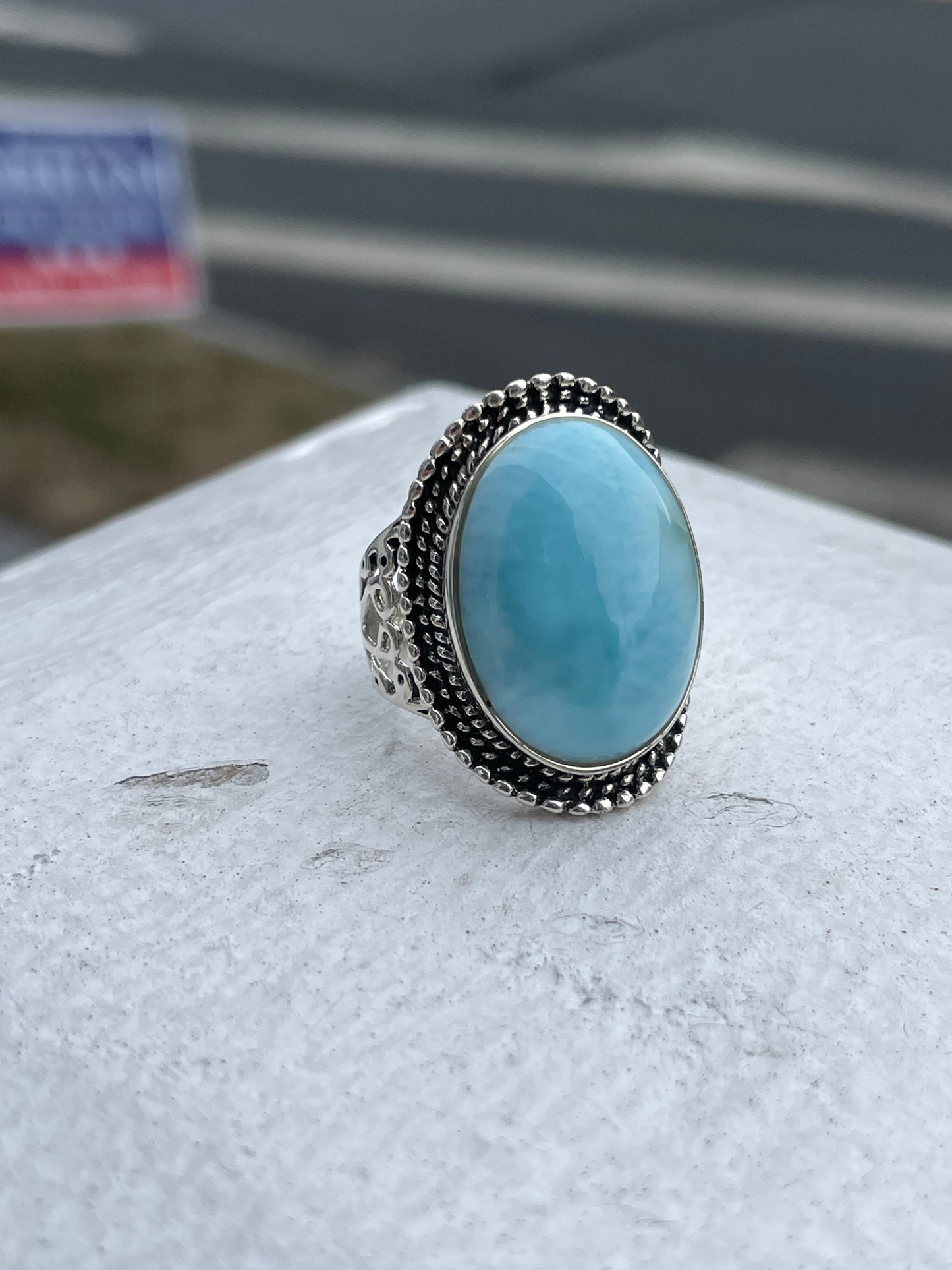 Designer CFJ Collins Fine Jewelry Curved Oval Natural Larimar 925 Sterling Silver Ring Size 7