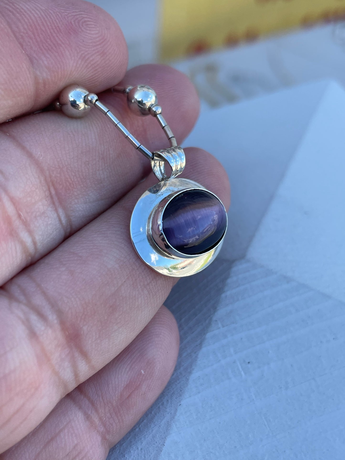 925 Sterling Silver Purple Cats Eye Beaded Necklace
