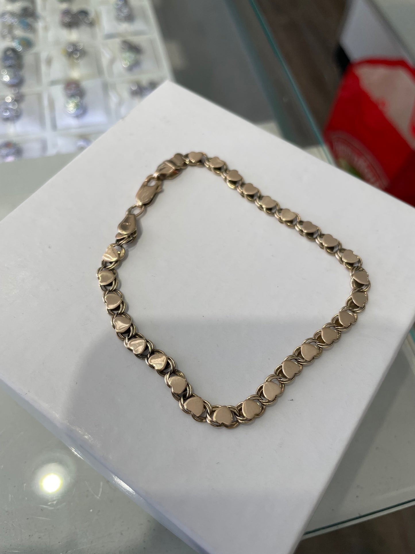 Solid 14k Gold Vintage Signet Heart Upon Heart Cobblestone Link Bracelet 8”
