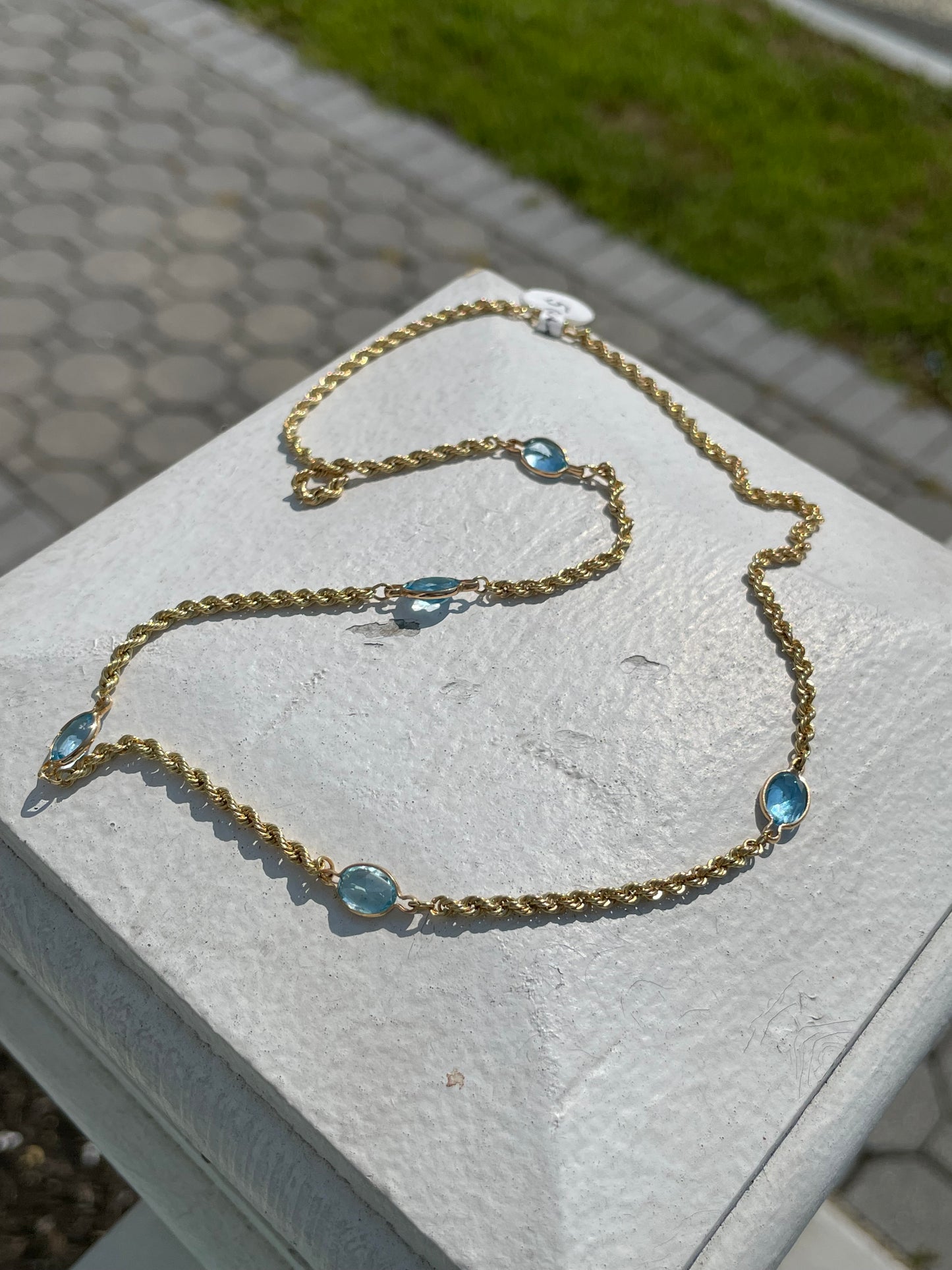 14k Gold Blue Topaz by the Yard Rope Chain Necklace