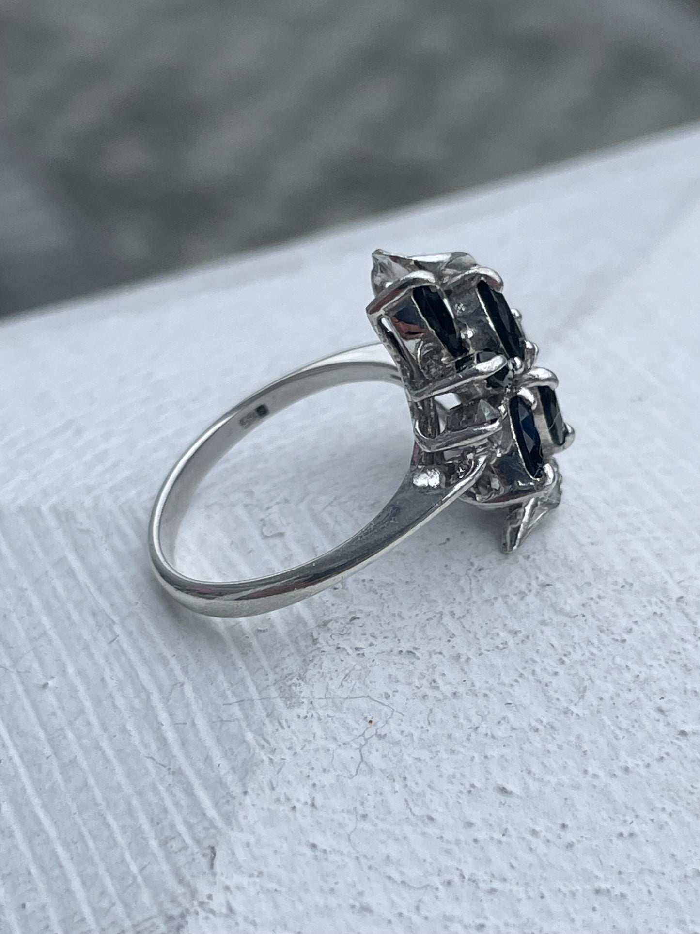 925 Sterling Silver Sapphire & Clear Zirconia Cluster Ring Size 6