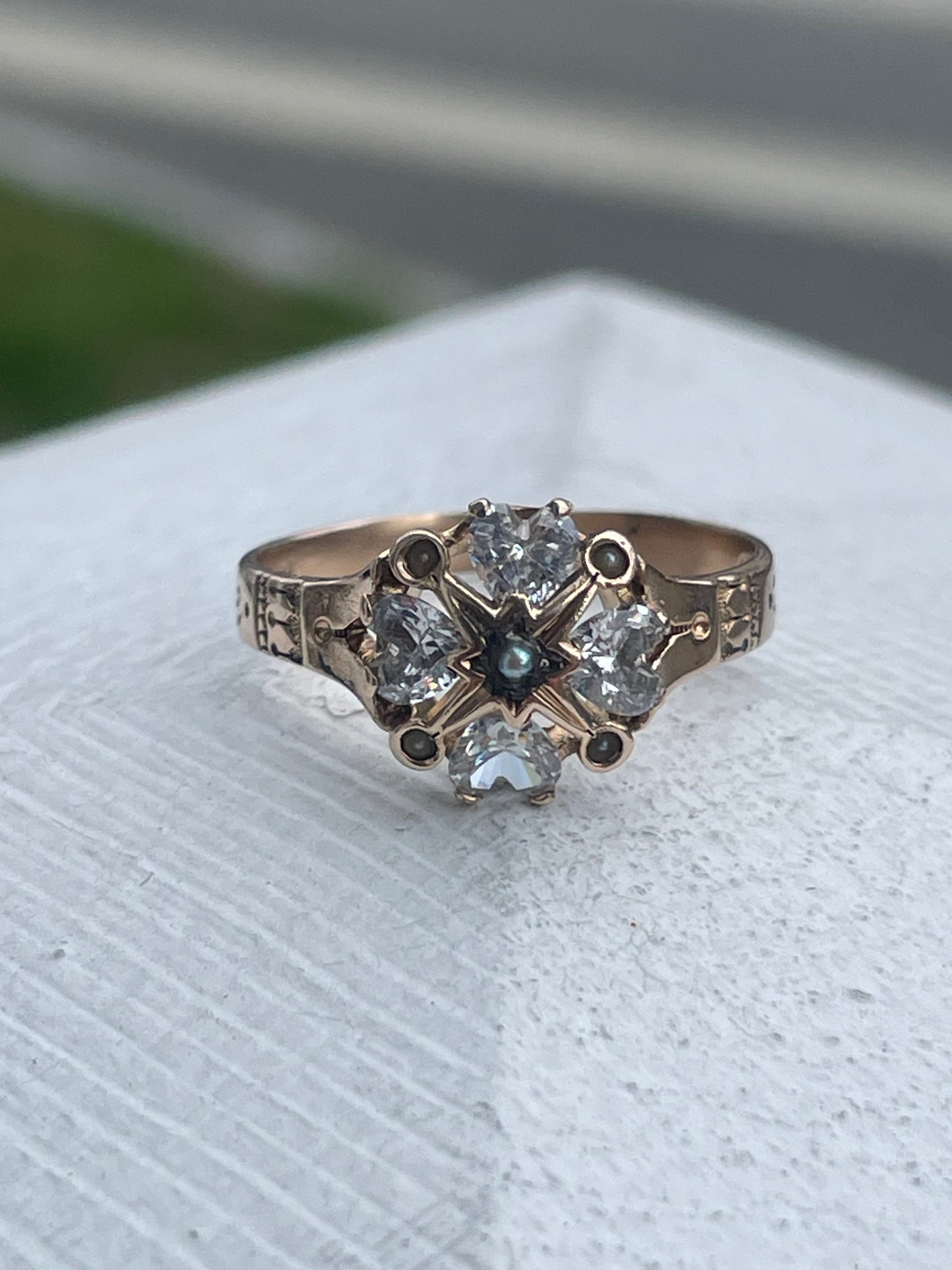 14k Rose Gold Antique Heart Cz & South Sea India Pearl Cluster Ring Size 7