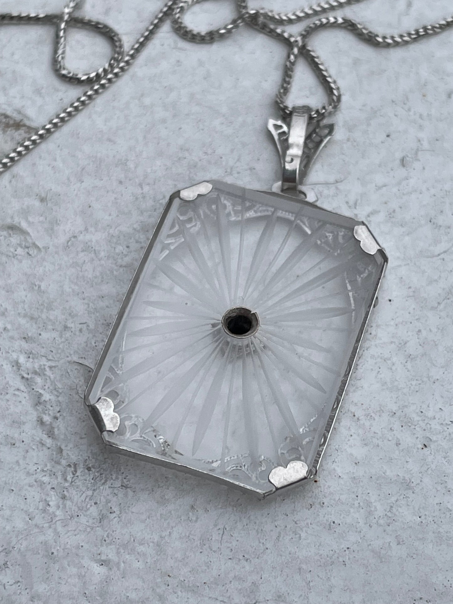 Antique 14k White Gold & Diamond Camphor Glass Necklace