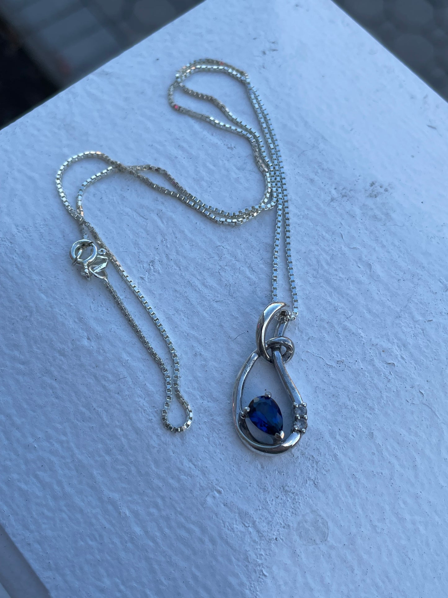 925 Sterling Silver Abstract Pear Shaped Lab Sapphire Necklace