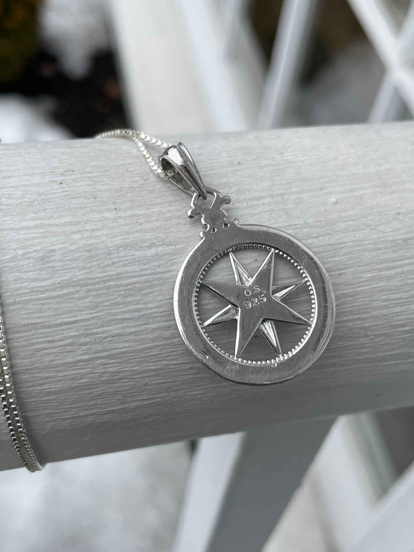 925 Sterling Silver Designer O.S. Compass Necklace 18” (K21)