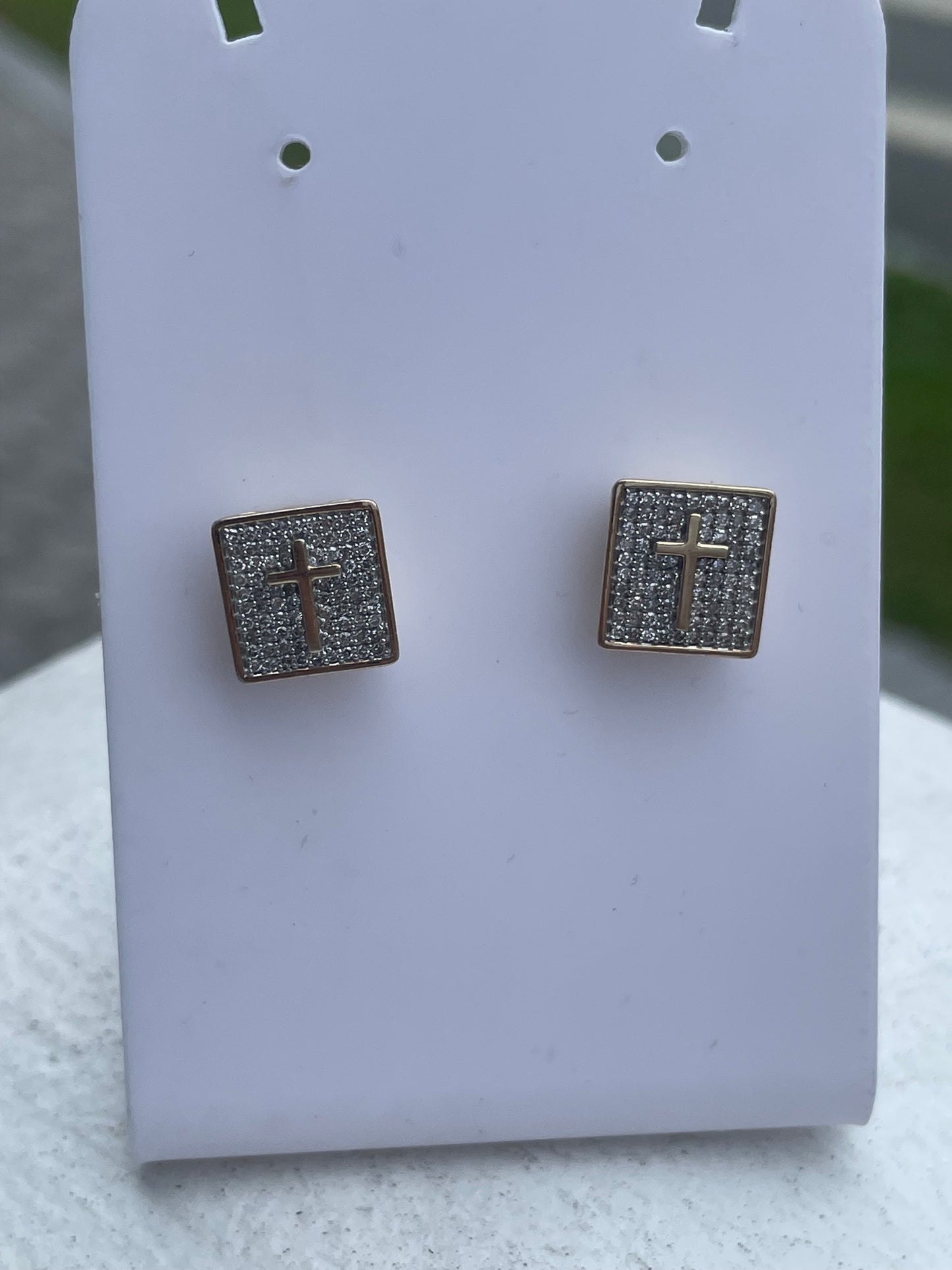10k Gold Natural Diamond Square Shape Cross Stud Earrings