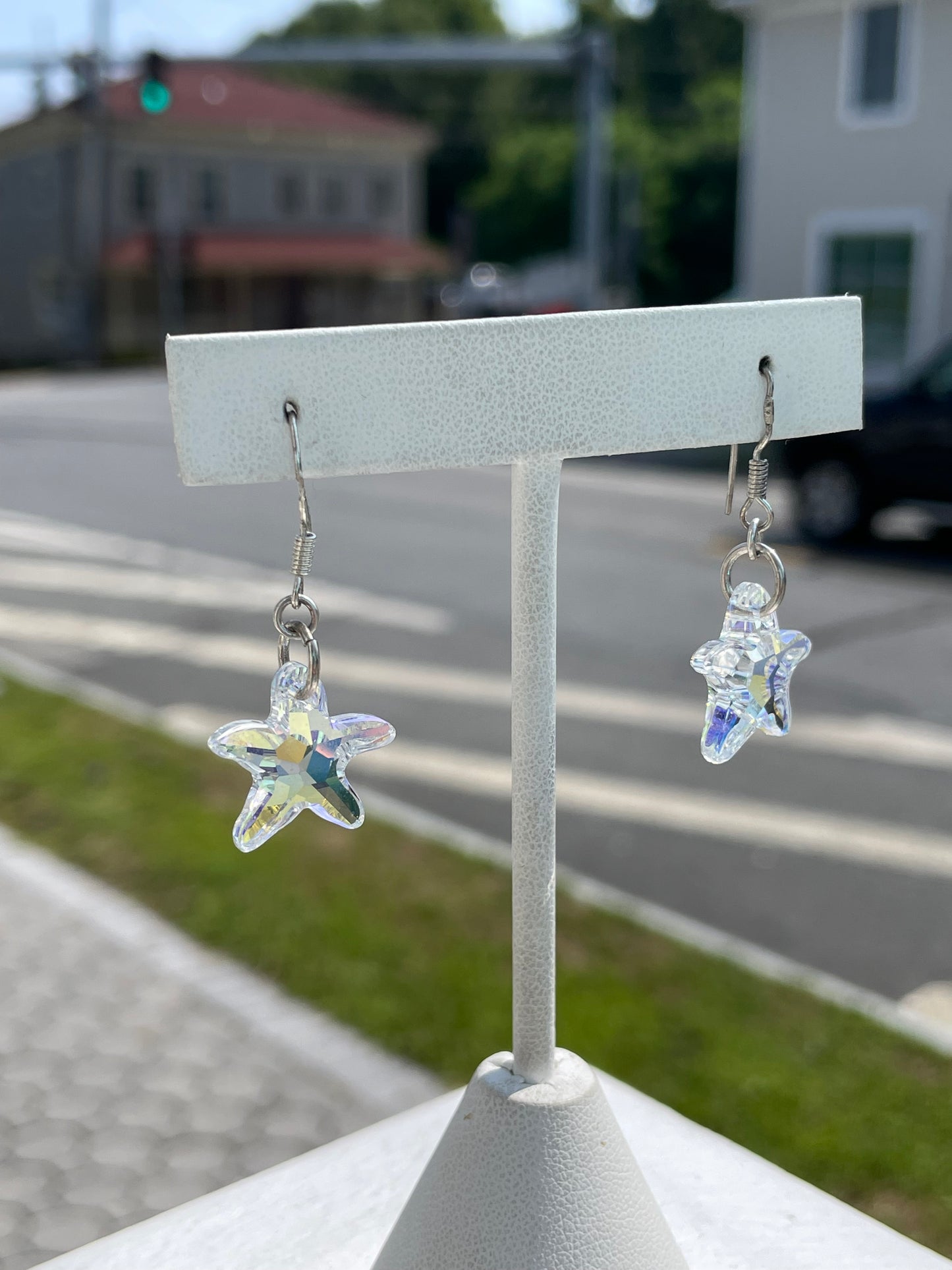 925 Sterling Silver Aurora Borealis Starfish Crystal Dangle Earrings