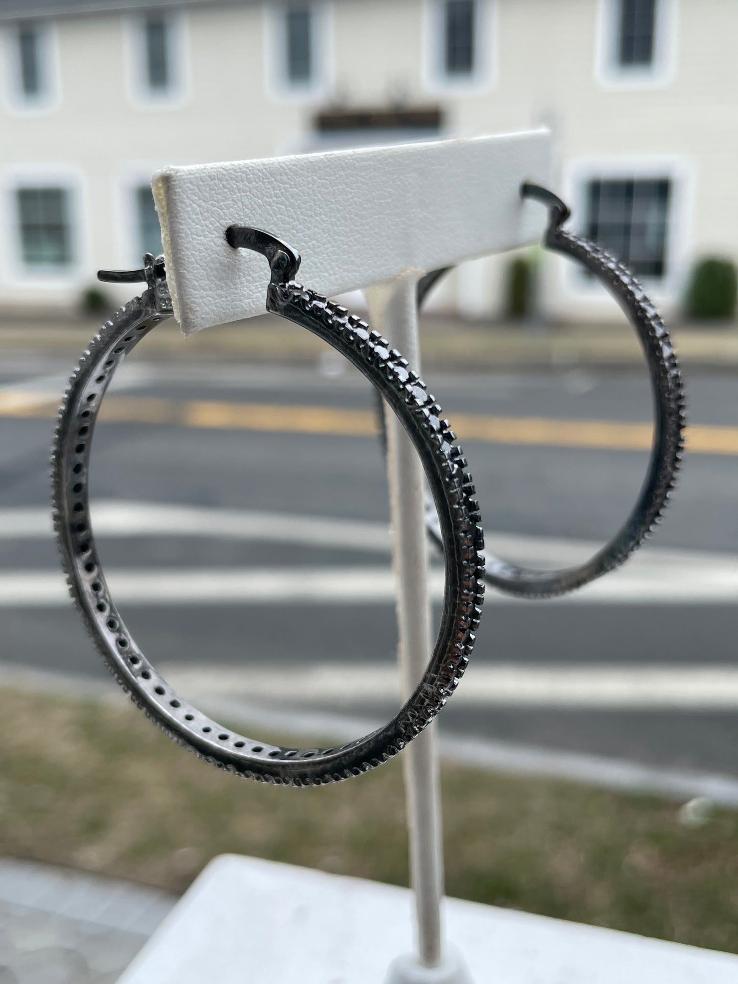 925 Sterling Silver 50mm Black Zirconia Hoop Earrings