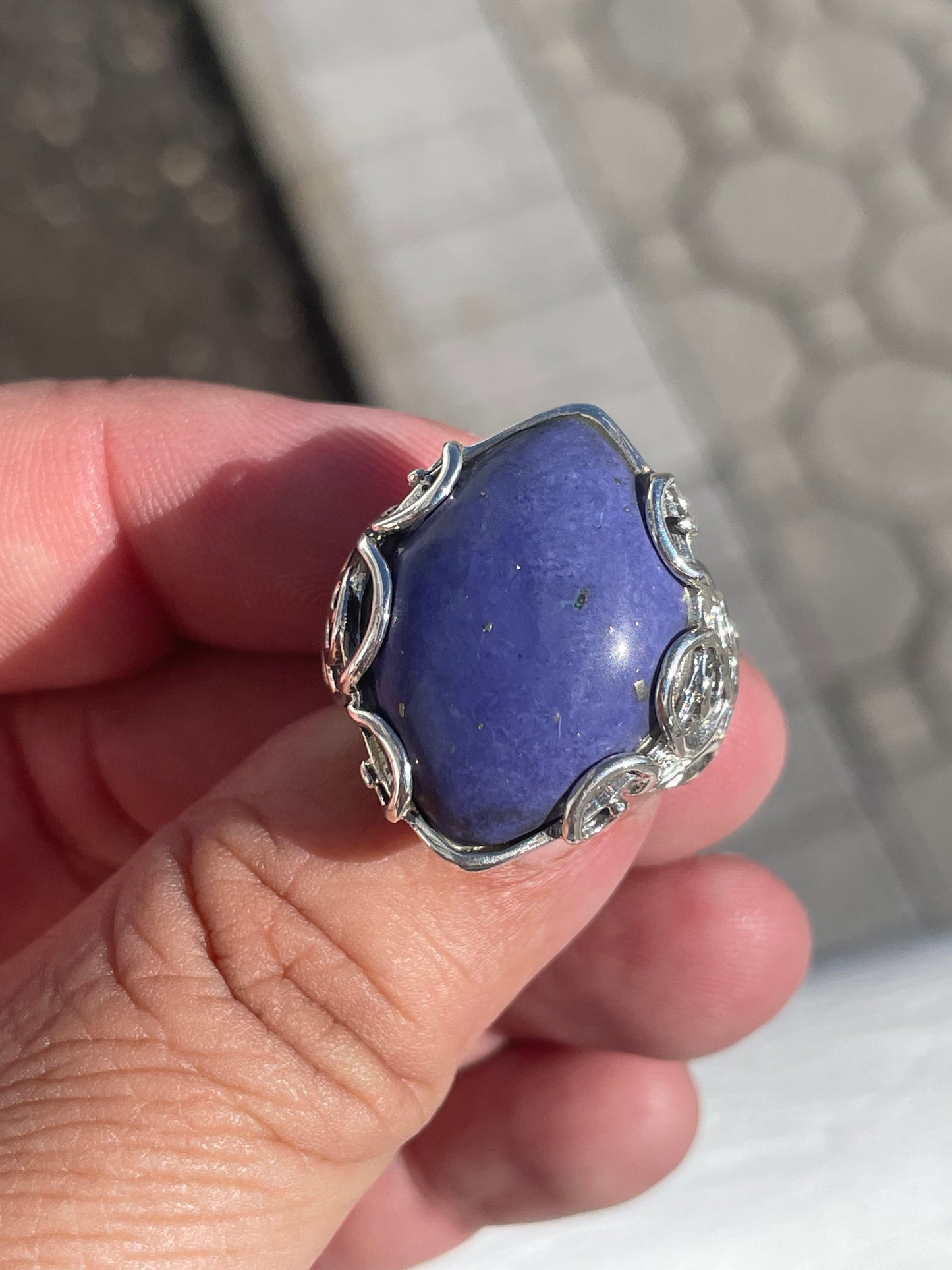925 Sterling Silver Large Curved Rhombus Blue Lapis Statement Ring Size 8