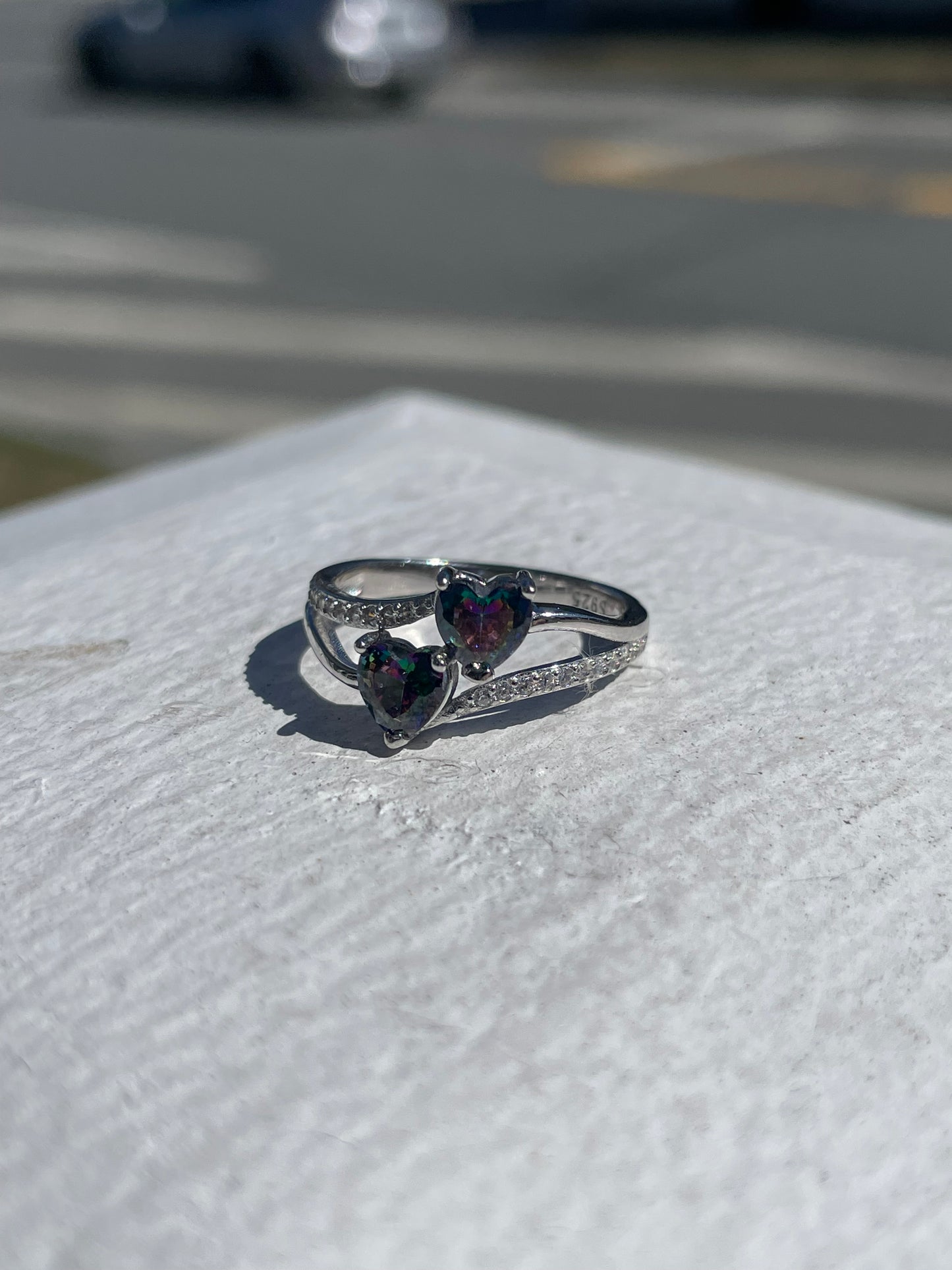 925 Sterling Silver Mystic Topaz & Cz Double Heart Cluster Ring Size 6