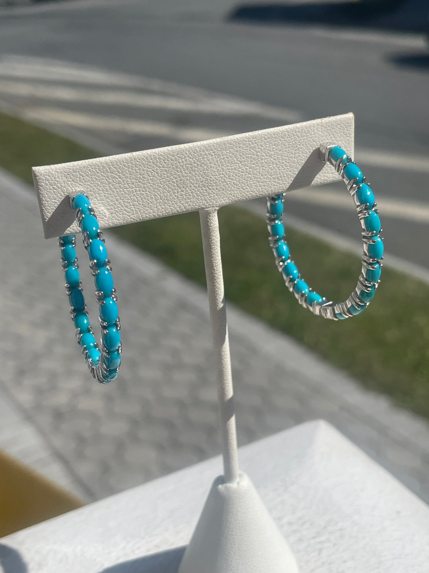 Designer JCL 925 Sterling Silver Turquoise Stone Hoop Earrings