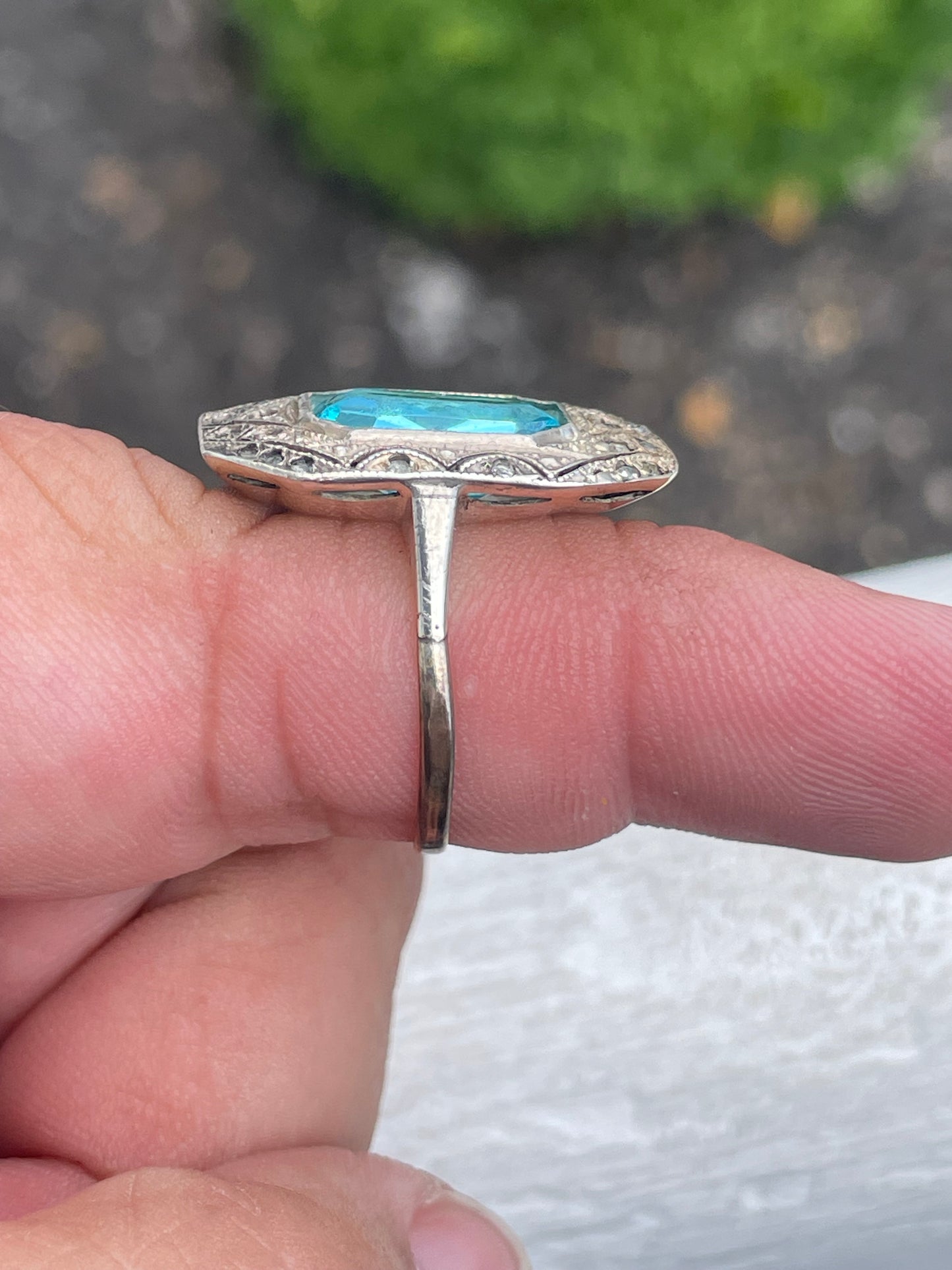 925 Sterling Silver Antique Blue Topaz & Marcasite Art Deco Ring