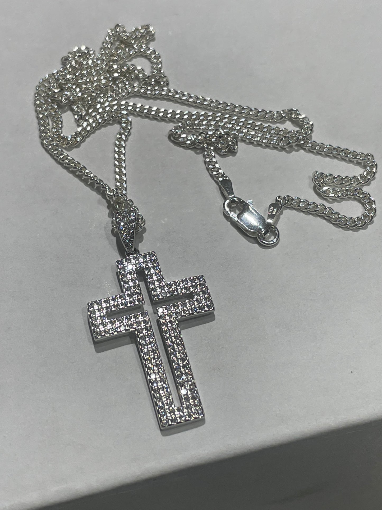 925 Sterling Silver Openwork Sparkling Cz Cross Necklace