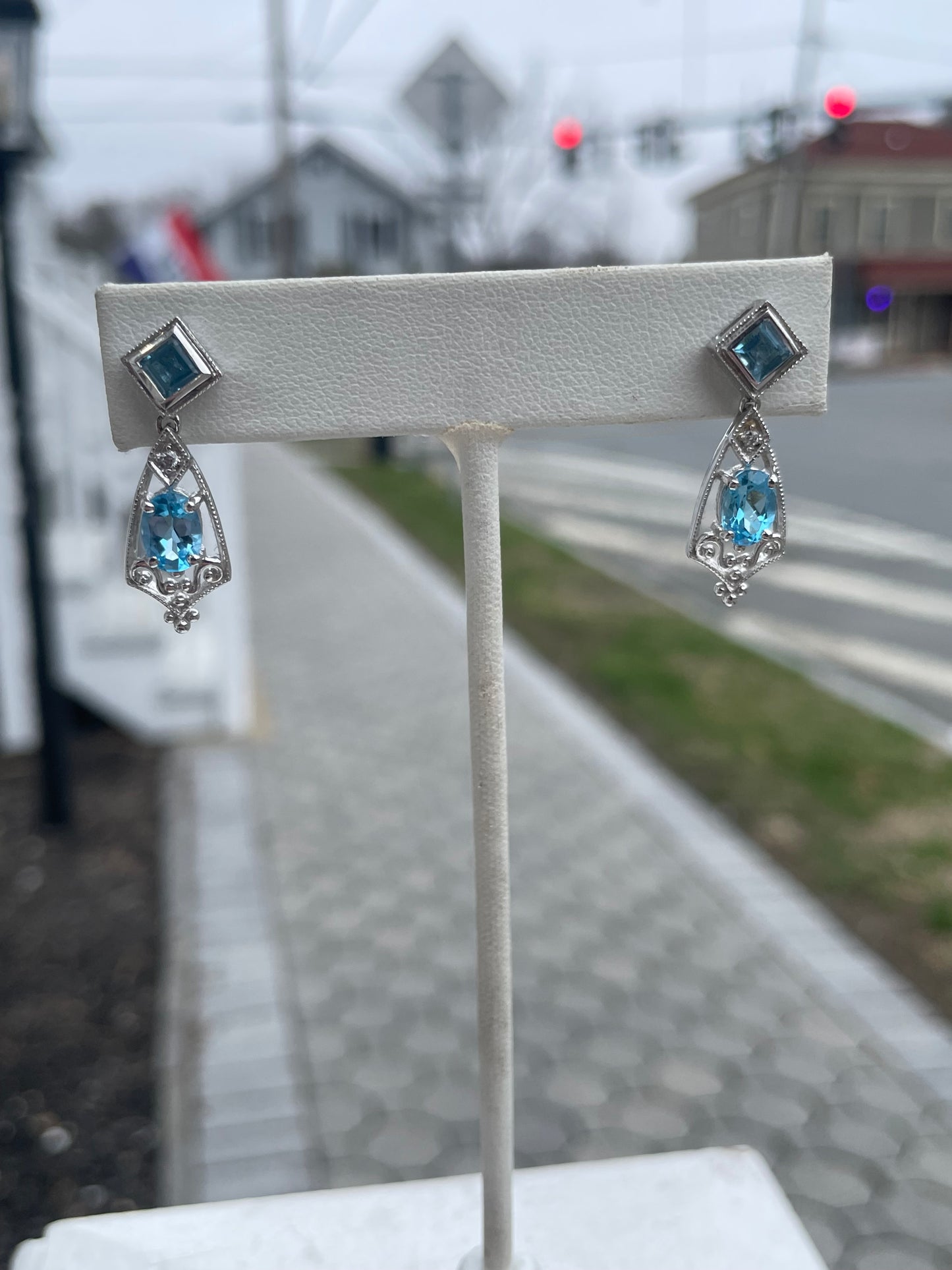 14k White Gold Blue Topaz & Diamond Drop Earrings