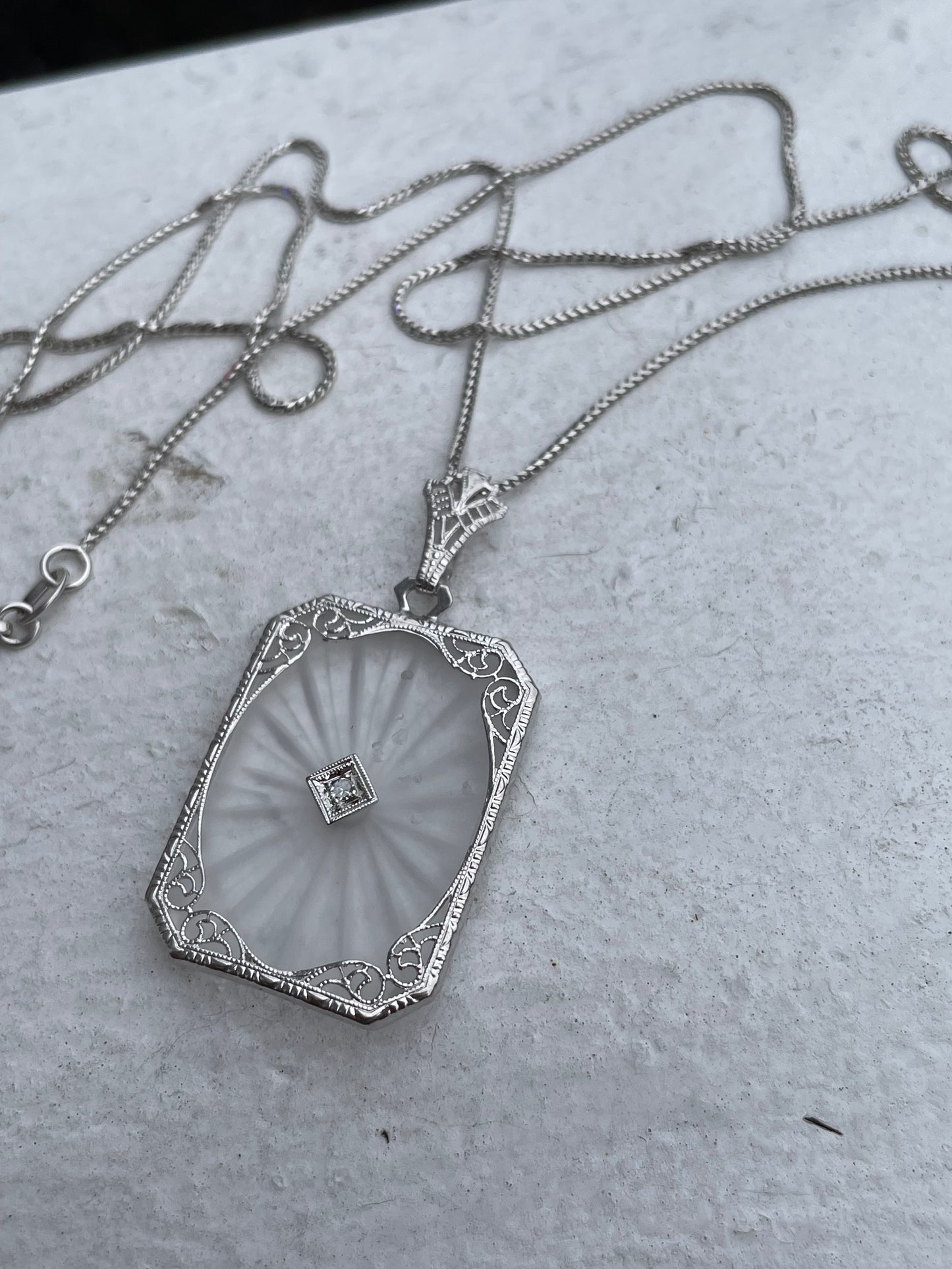 Antique 14k White Gold & Diamond Camphor Glass Necklace