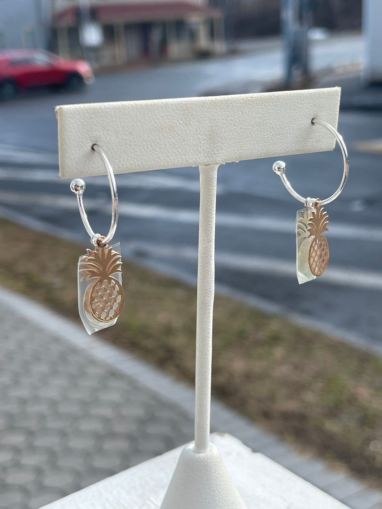 925 Sterling Silver 2tone Pineapple Charm Dangle 3/4 Hoop Earrings