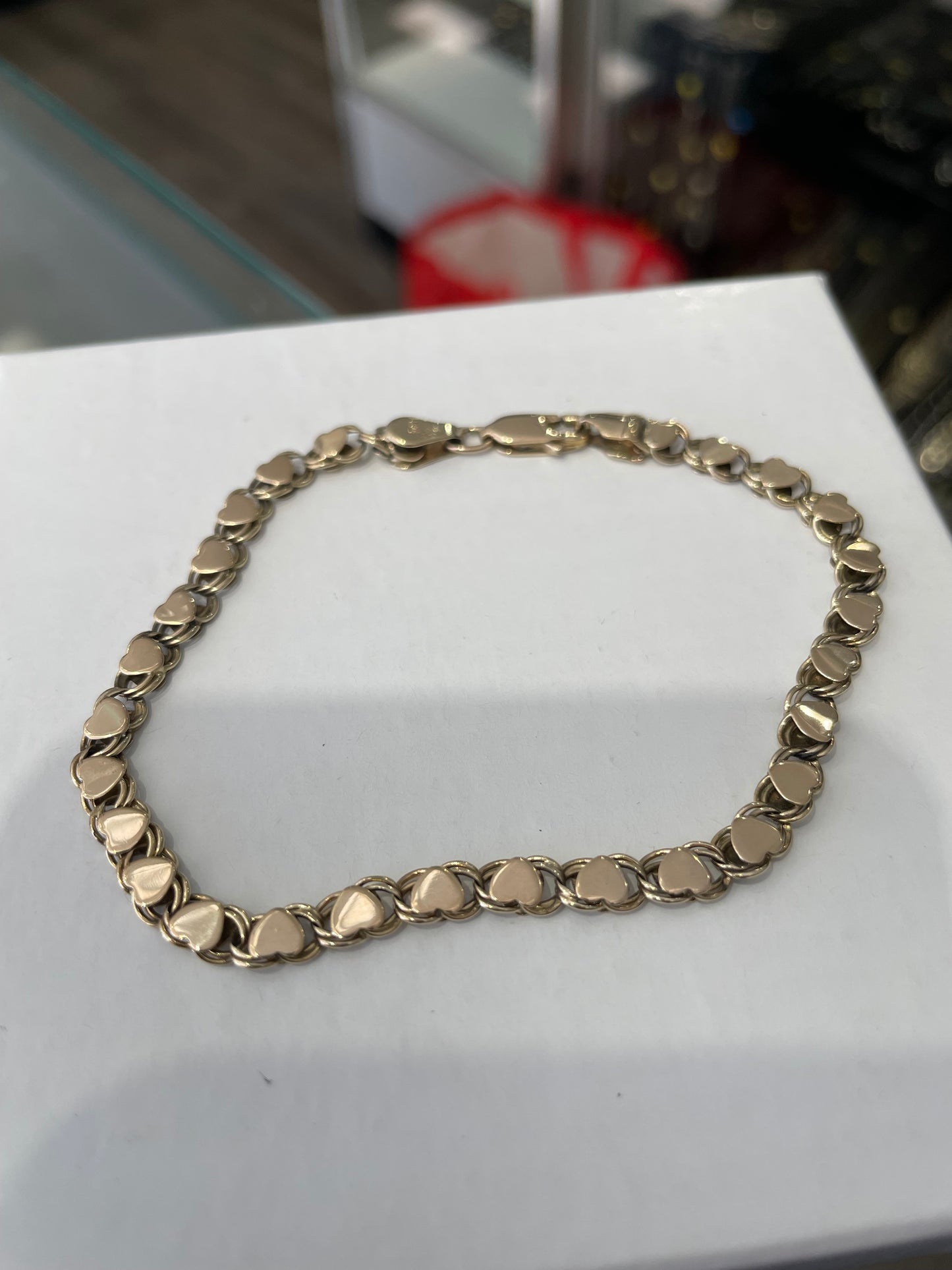Solid 14k Gold Vintage Signet Heart Upon Heart Cobblestone Link Bracelet 8”