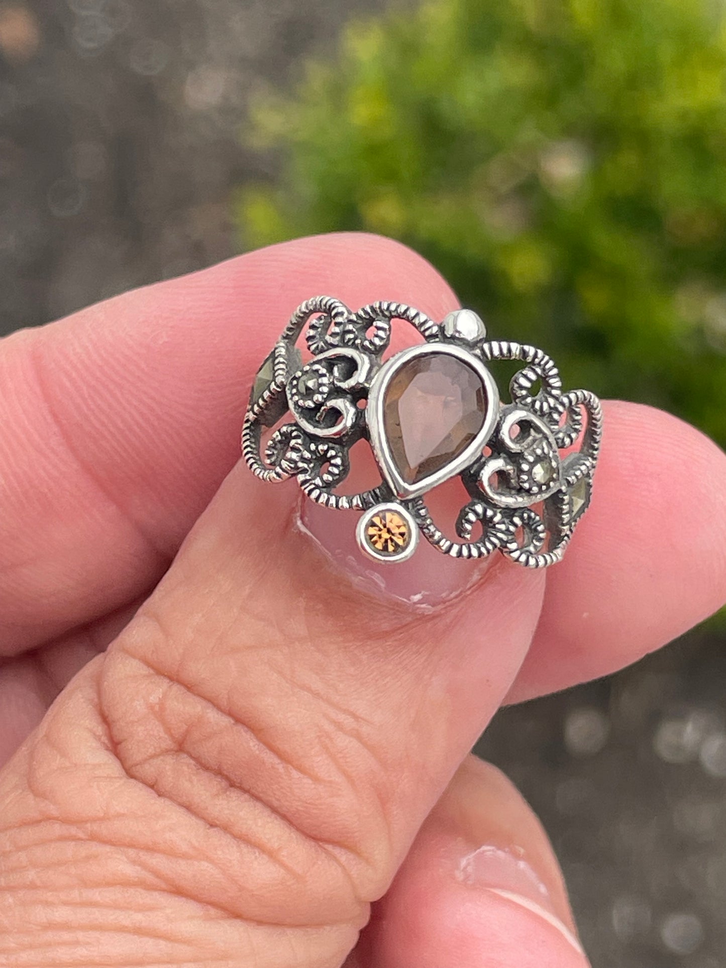 925 Sterling Silver Smoky Quartz & Marcasite Band Ring Size 7.5