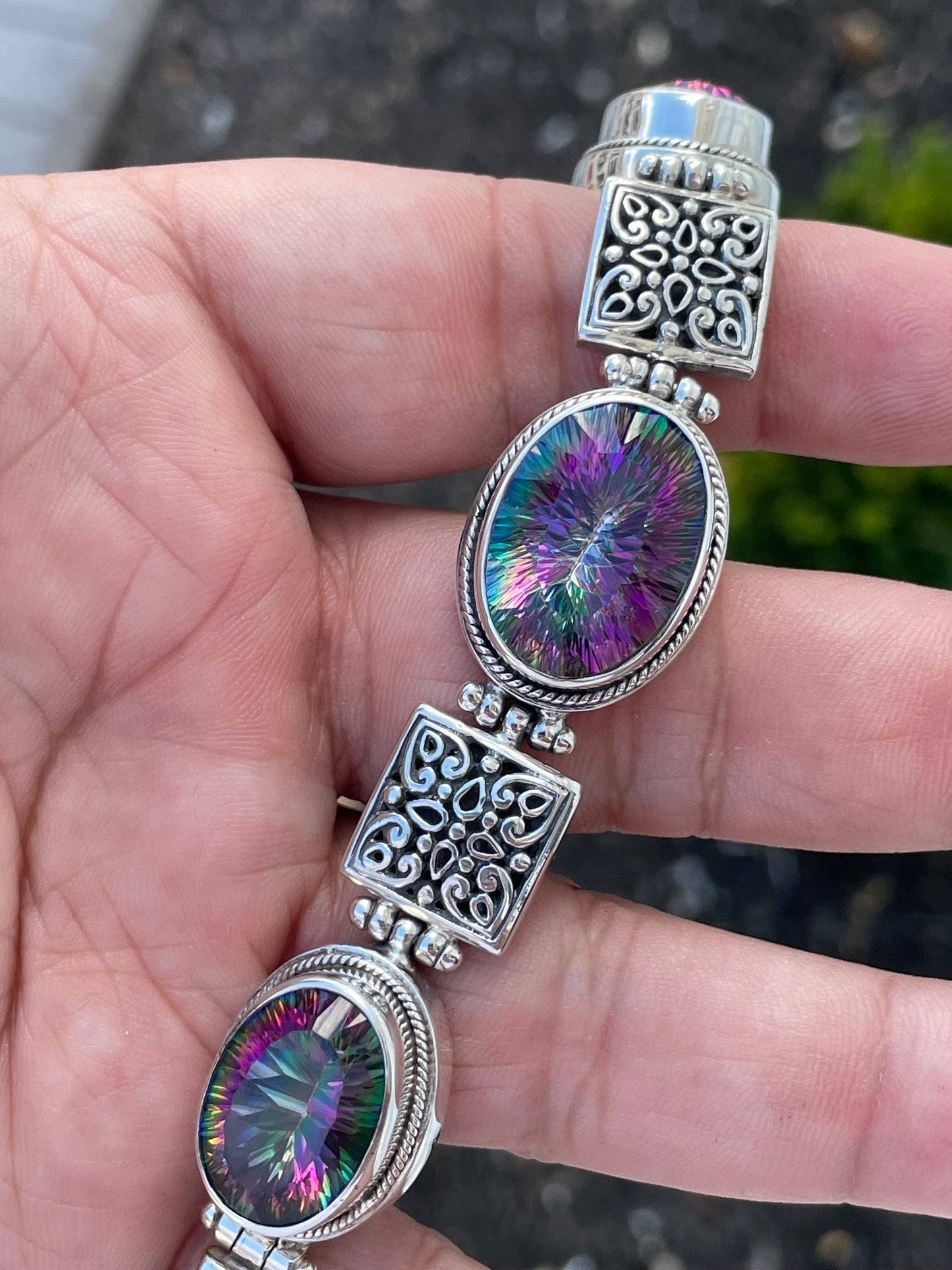 925 Sterling Silver Signed AF Large Oval Mystic Topaz Stone Bracelet