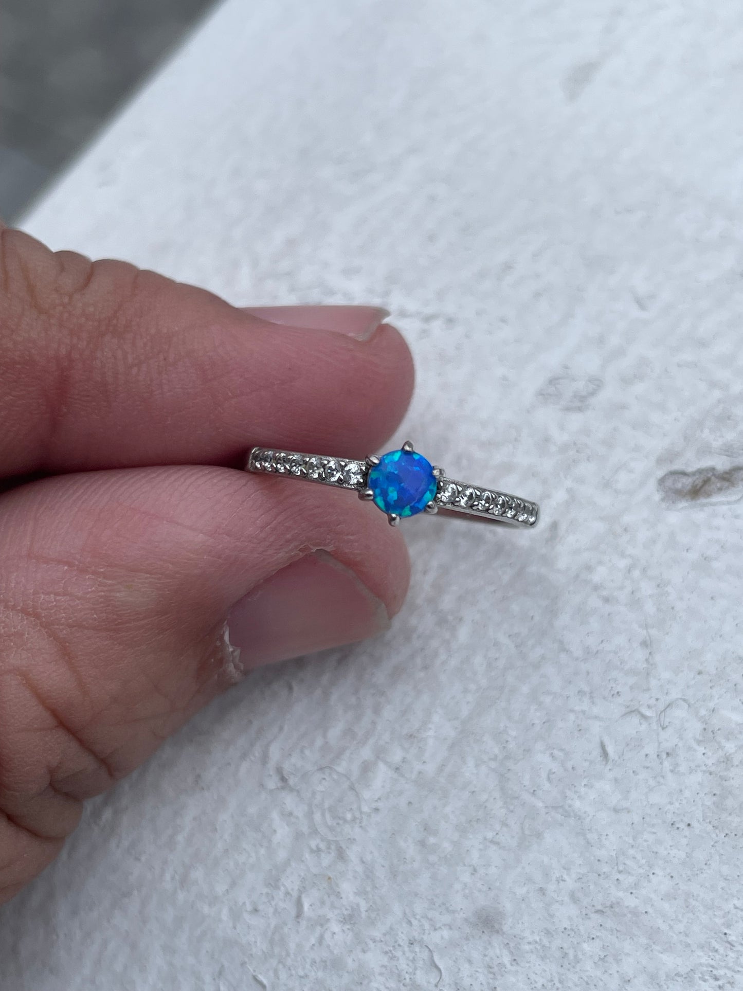 925 Sterling Silver Blue Opal & Cz Stack Ring Size 6