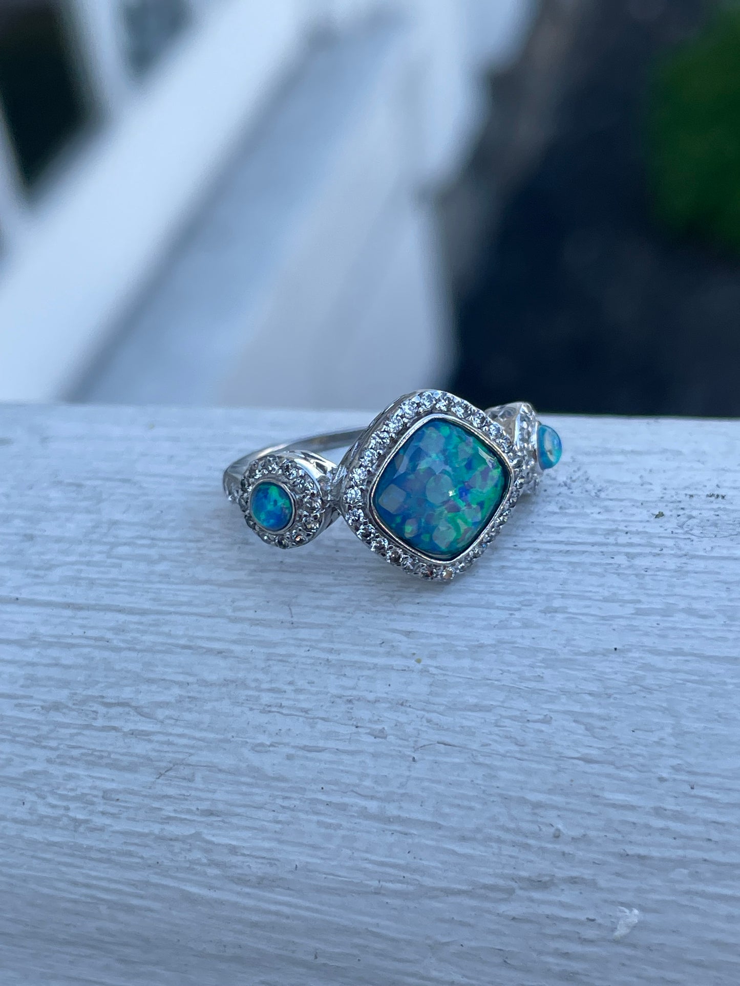 925 Sterling Silver Blue Opal Past Present Future Ring Size 6