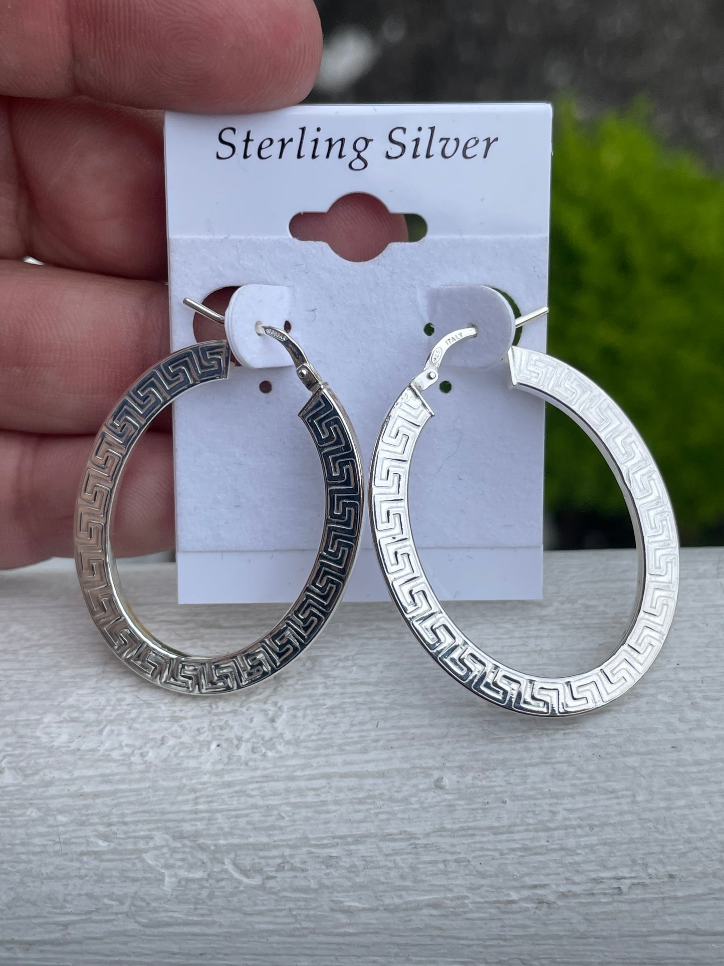925 Sterling Silver Greek Key Oval Shaped Earrings