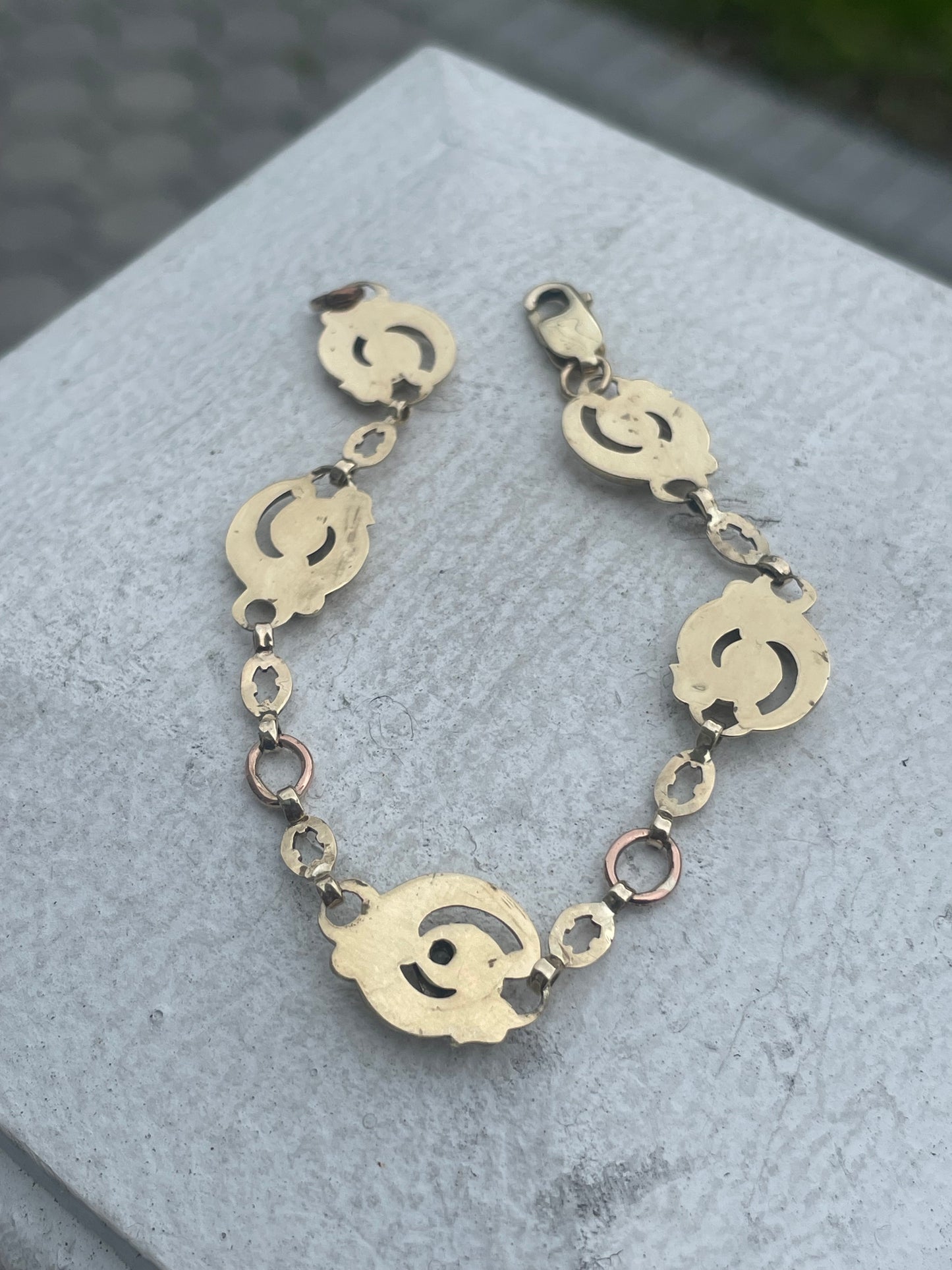 14k Gold Antique Diamond Swirl Station Link Bracelet 7”