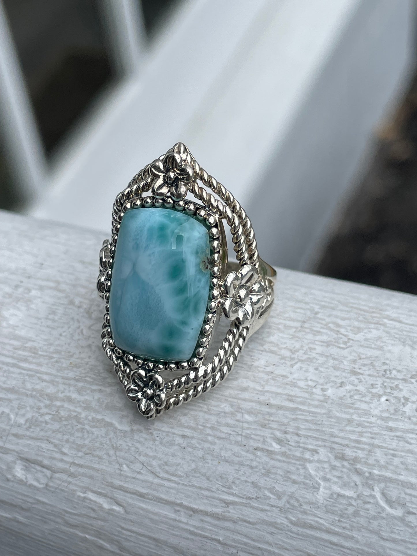 Designer CFJ 925 Sterling Silver Large Larimar Stone Ring Size 7.5
