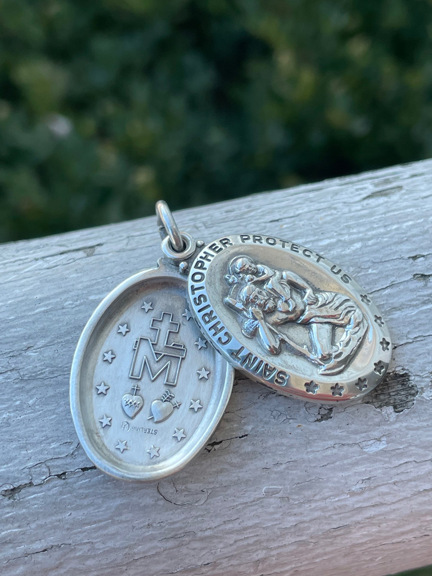 925 Sterling Silver Mother Mary & St. Christopher Reversible Charm Pendant