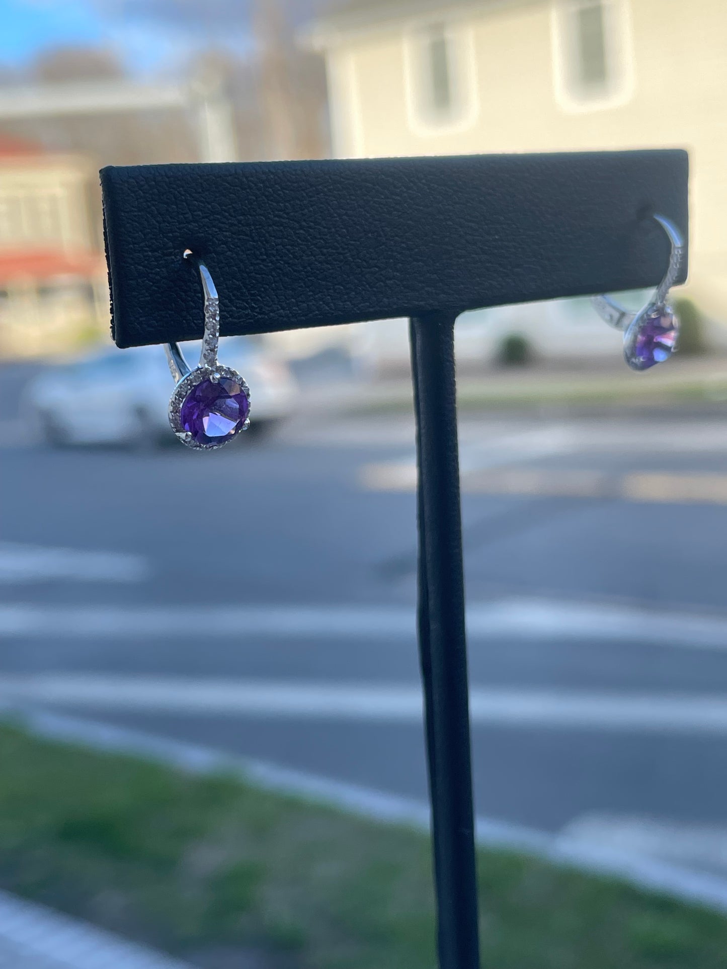 14k White Gold Amethyst & Diamond Leverback Dangle Earrings