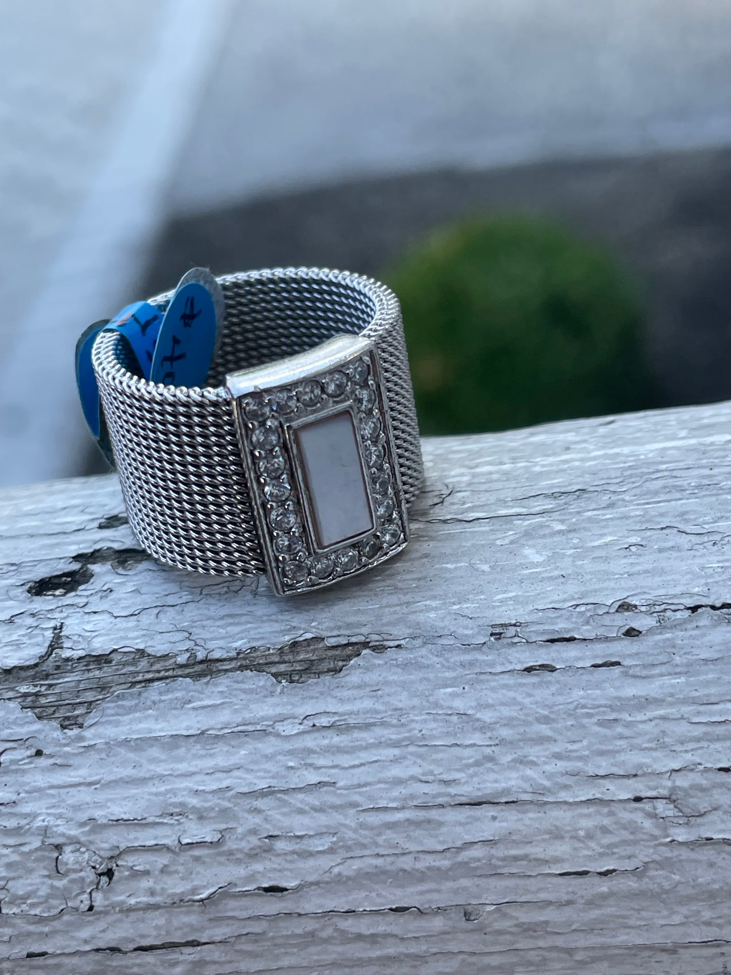 925 Sterling Silver Hard Mesh Somerset Wide Mother of Pearl & Cz Ring