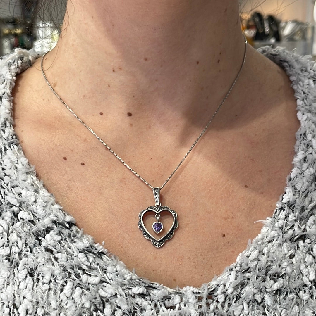 925 Sterling Silver Amethyst & Marcasite Heart Necklace