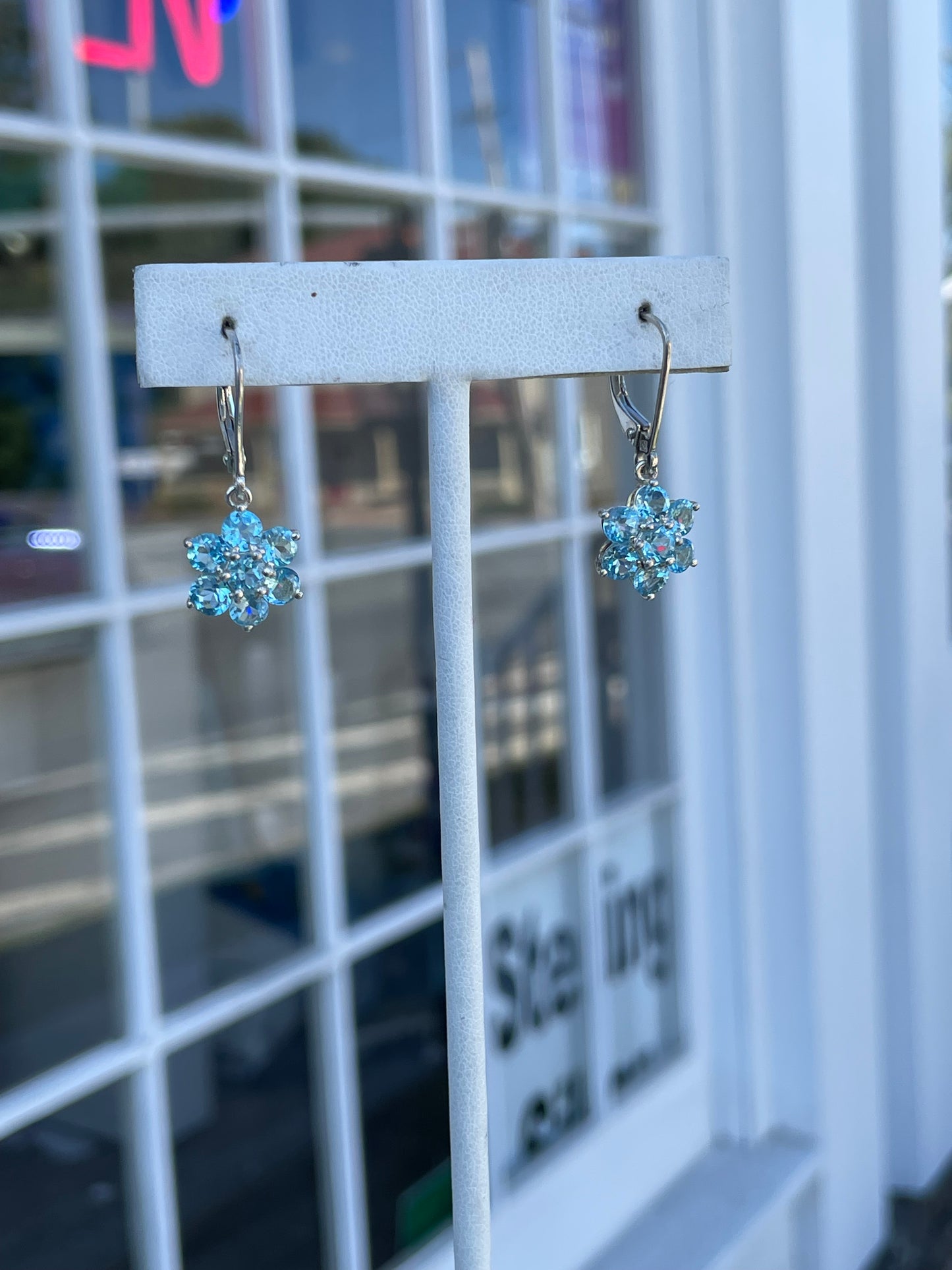 925 Sterling Silver Blue Topaz Dangle Flower Earrings
