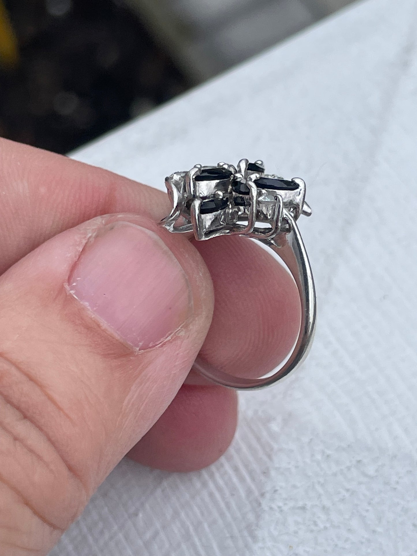 925 Sterling Silver Sapphire & Clear Zirconia Cluster Ring Size 6