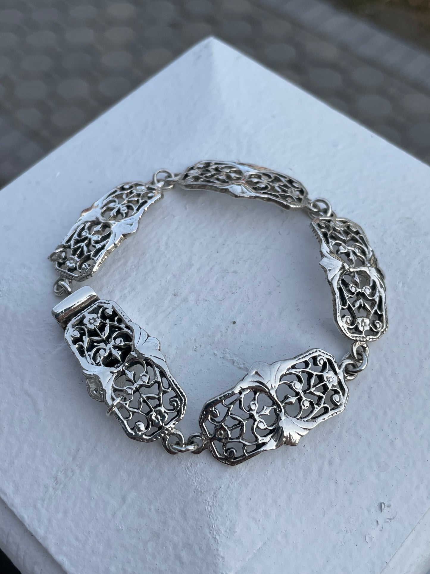 Vintage 925 Handmade Open Lattice Bar Bracelet 7.5”