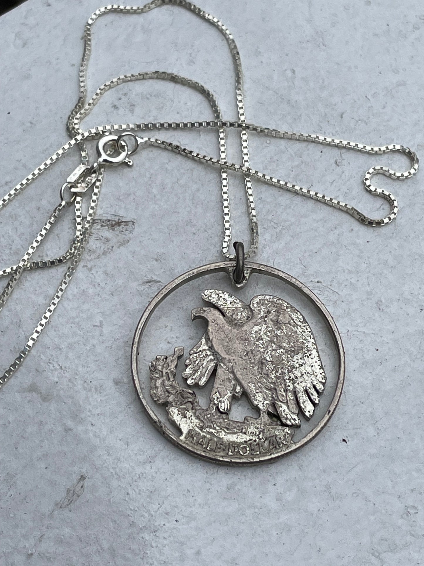 Silver Half Dollar Cutout Eagle Coin Necklace 18”