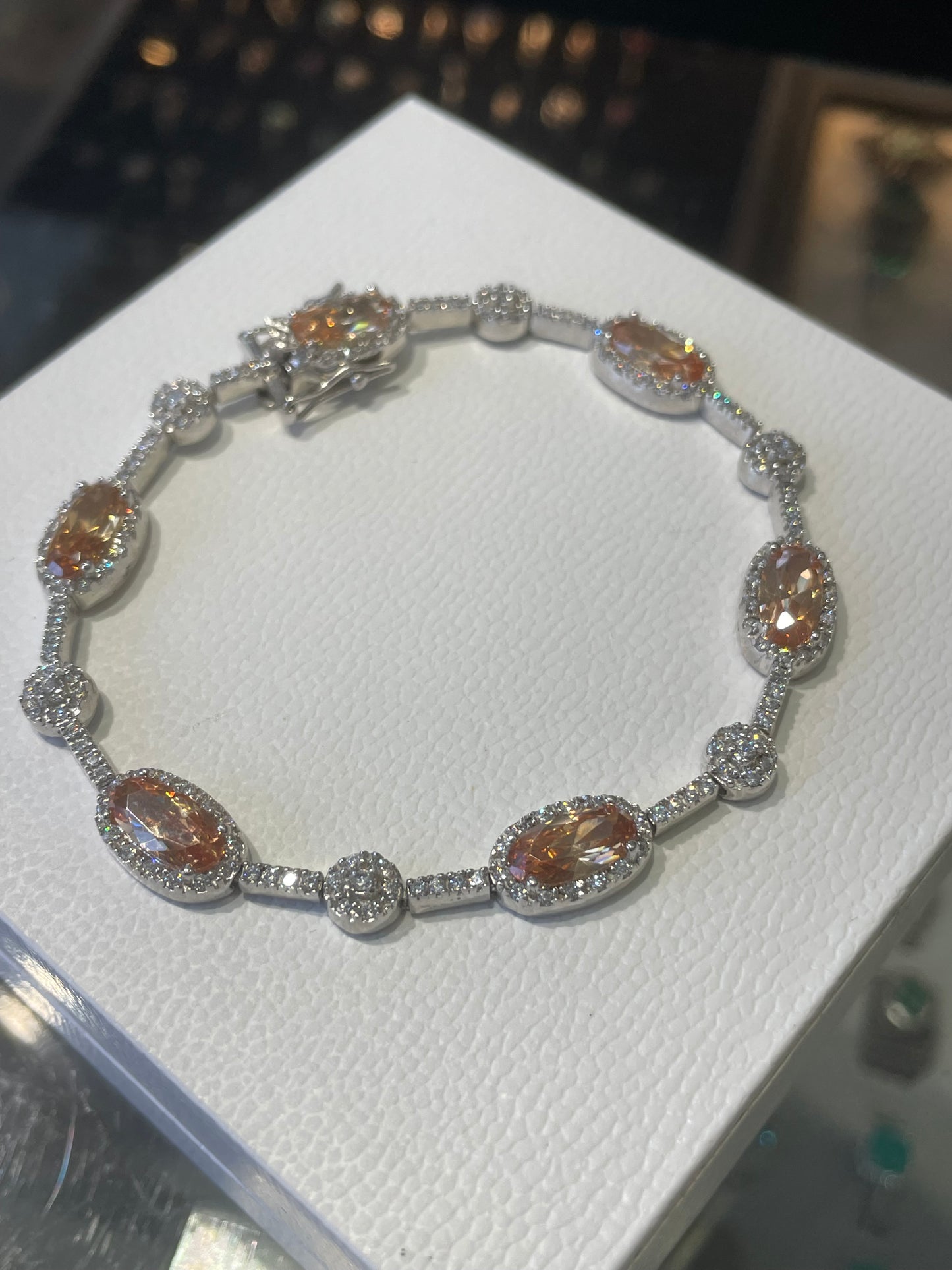 925 Sterling Silver Citrine Cz Tennis Bracelet 7.5”