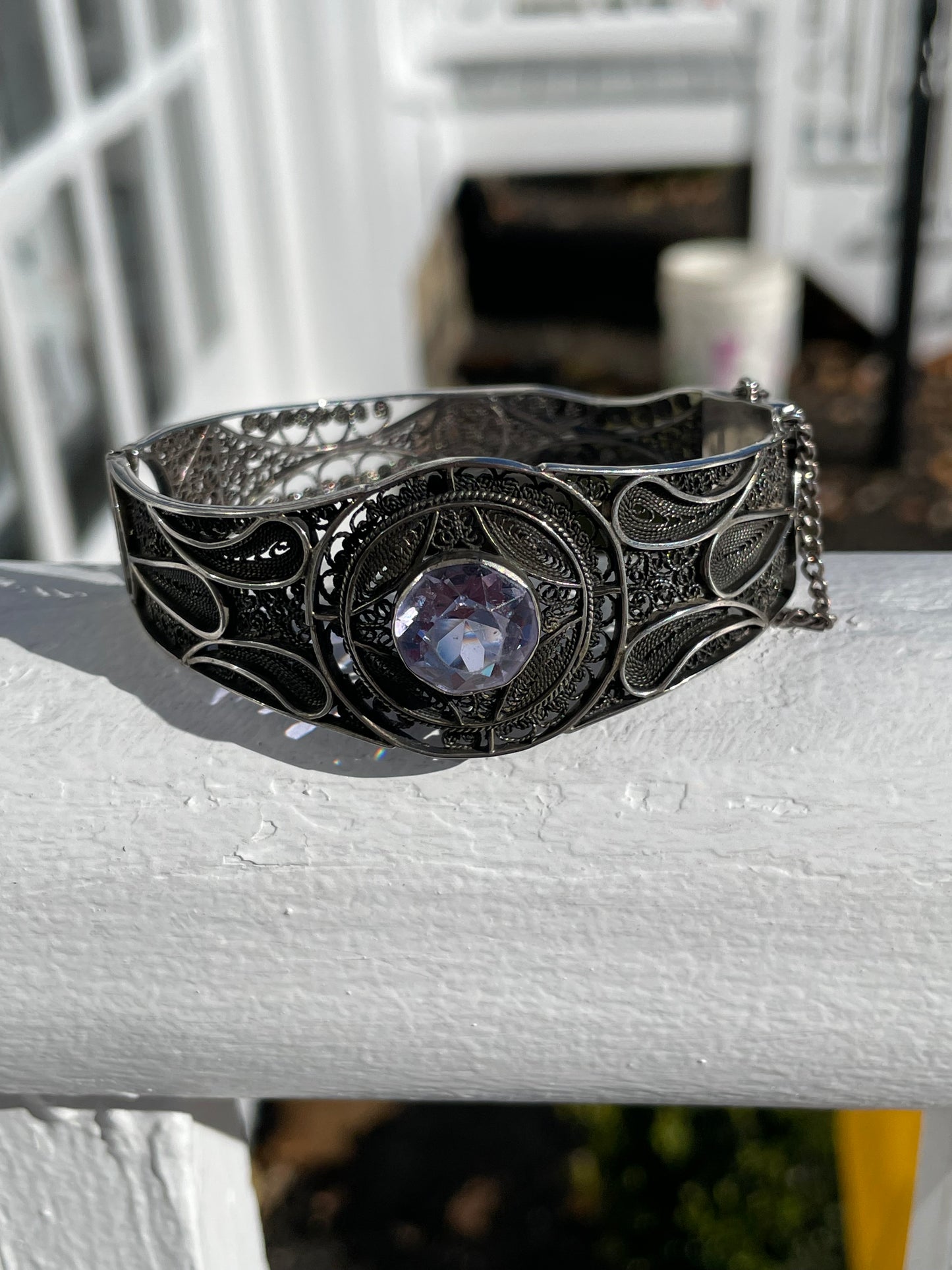Vintage 925 Sterling Silver Lab Created Amethyst Wire Filigree Bracelet 7”