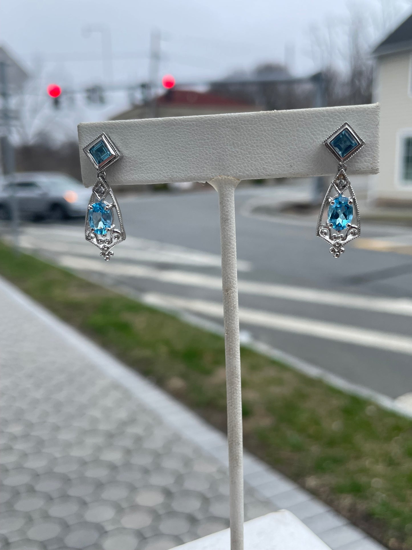 14k White Gold Blue Topaz & Diamond Drop Earrings