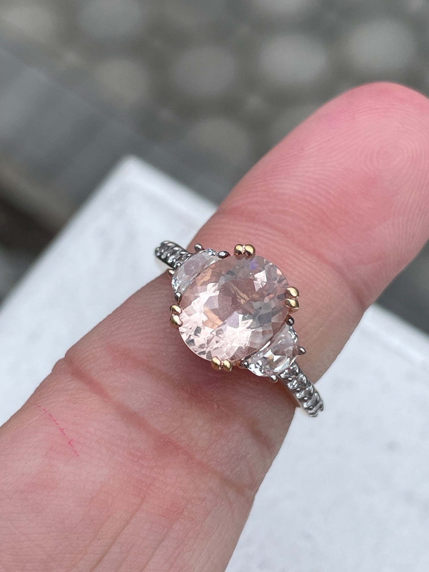 925 Sterling Silver Rose Vermeil Morganite & CZ Past Present Future Ring Size 7