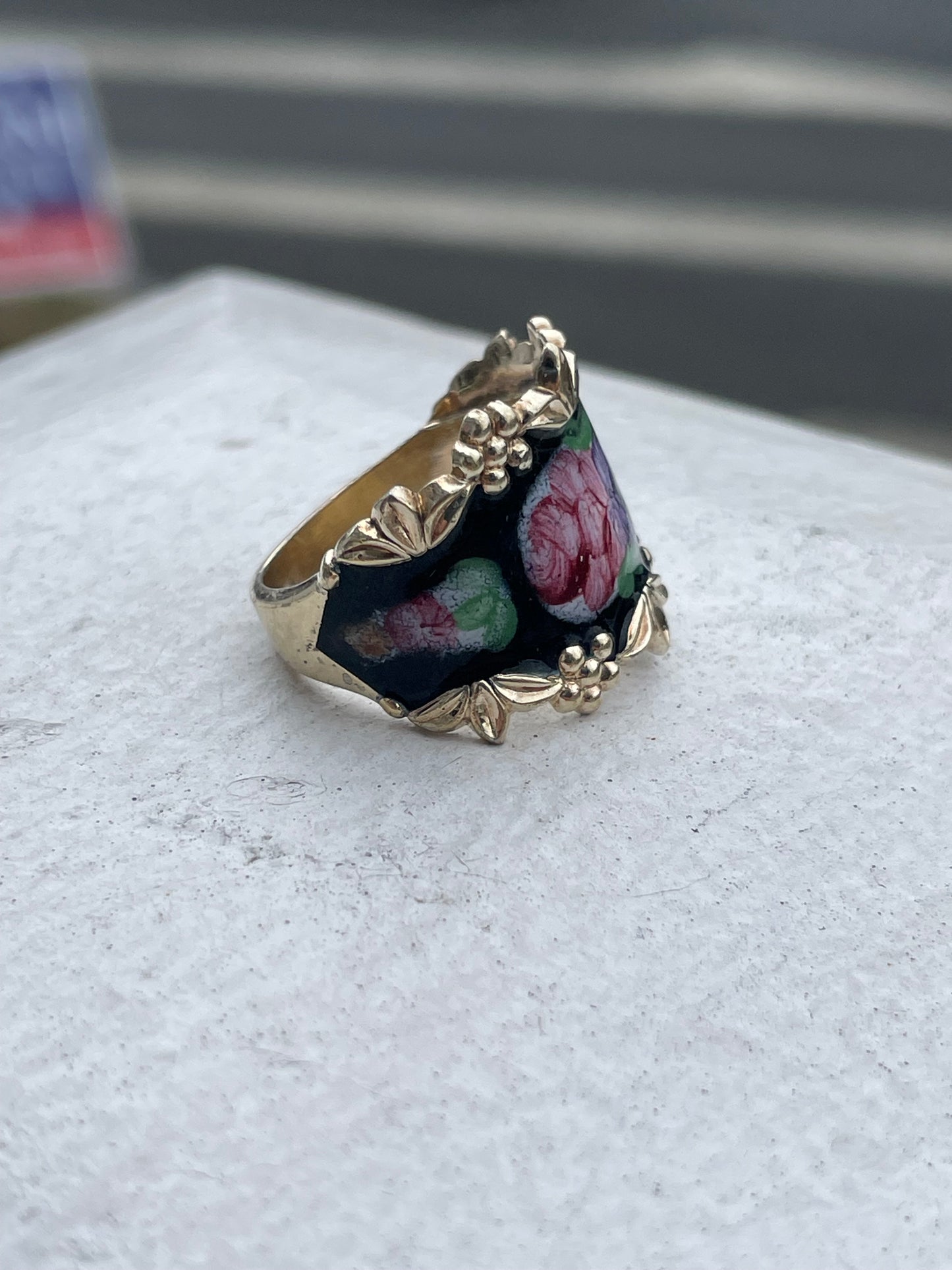 925 Sterling Silver Vermeil Hand Enameled Flower Band Ring Size 8