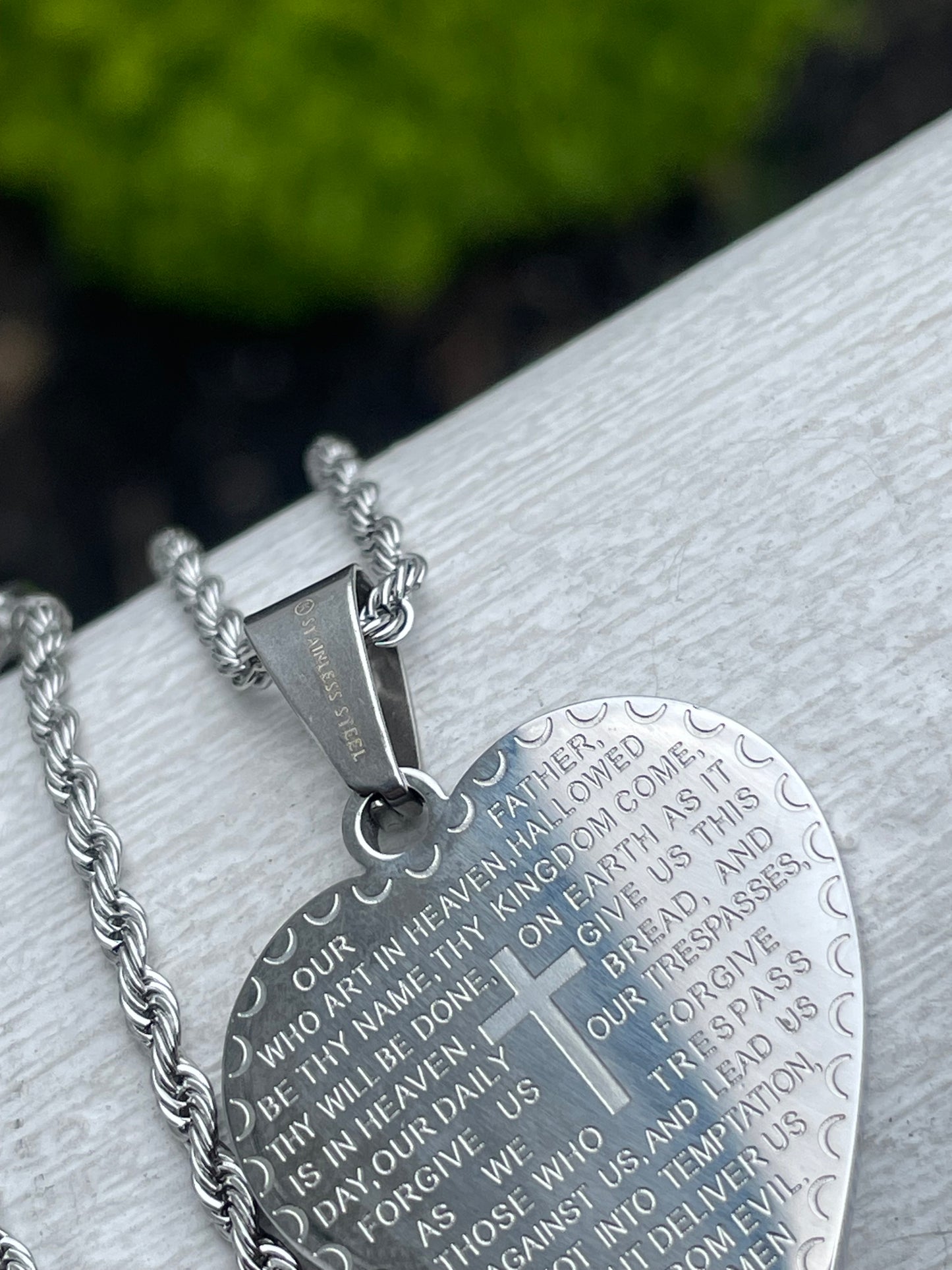 Stainless Steel Lord’s Prayer Heart Necklace 17”